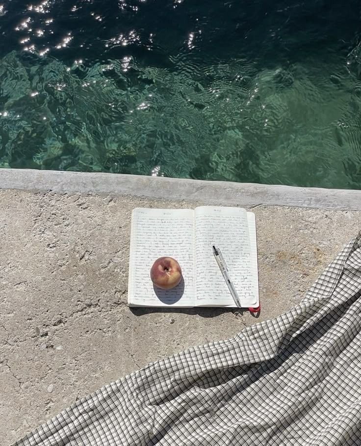 Open journal with handwritten notes, a red apple, and a pen on concrete near water; checkered fabric partially visible.
