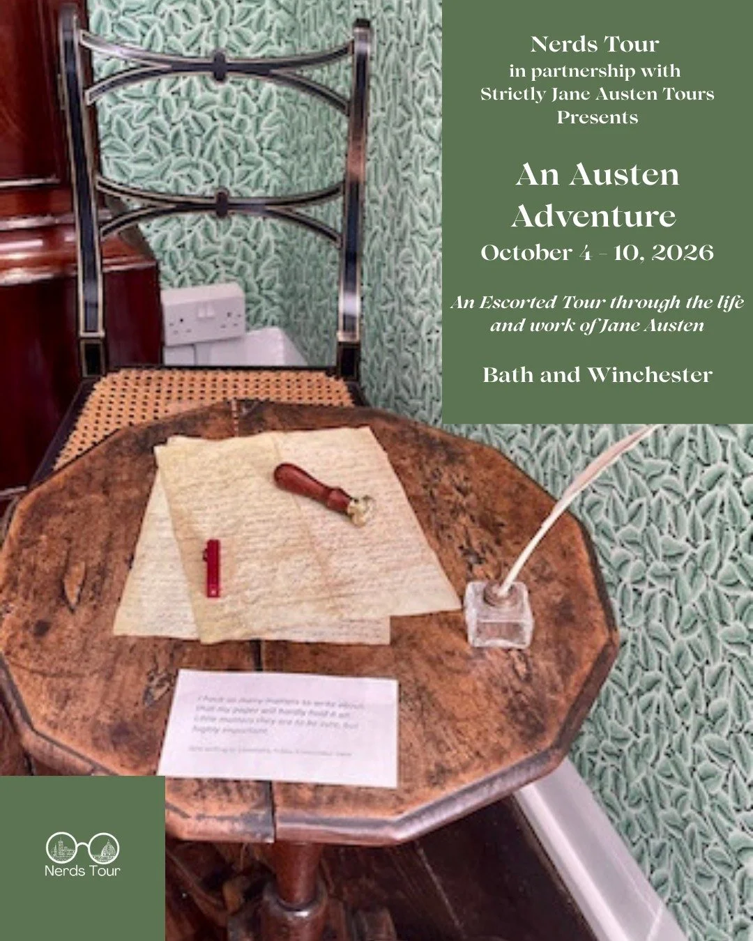 Nerds Tour is very excited to announce our partnership with Bath-based Strictly Jane Austen Tour to present an all-new Austen Adventure October 4 - 10, 2026.

Click the ink in our bio to view the detailed itinerary and to sign up to secure your space