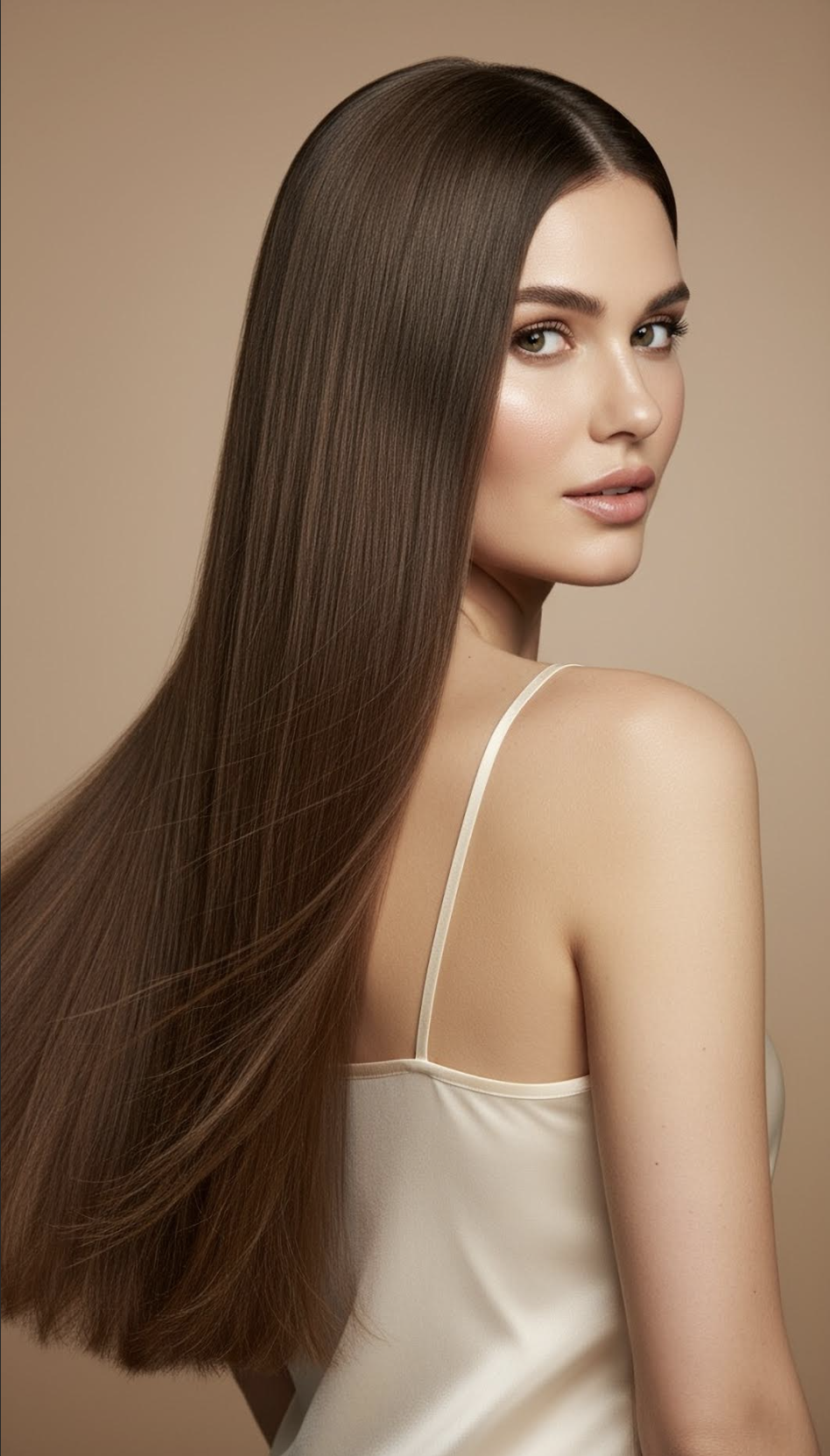 A woman with long, wavy, light brown hair, styled in loose flowing waves, looking down softly.