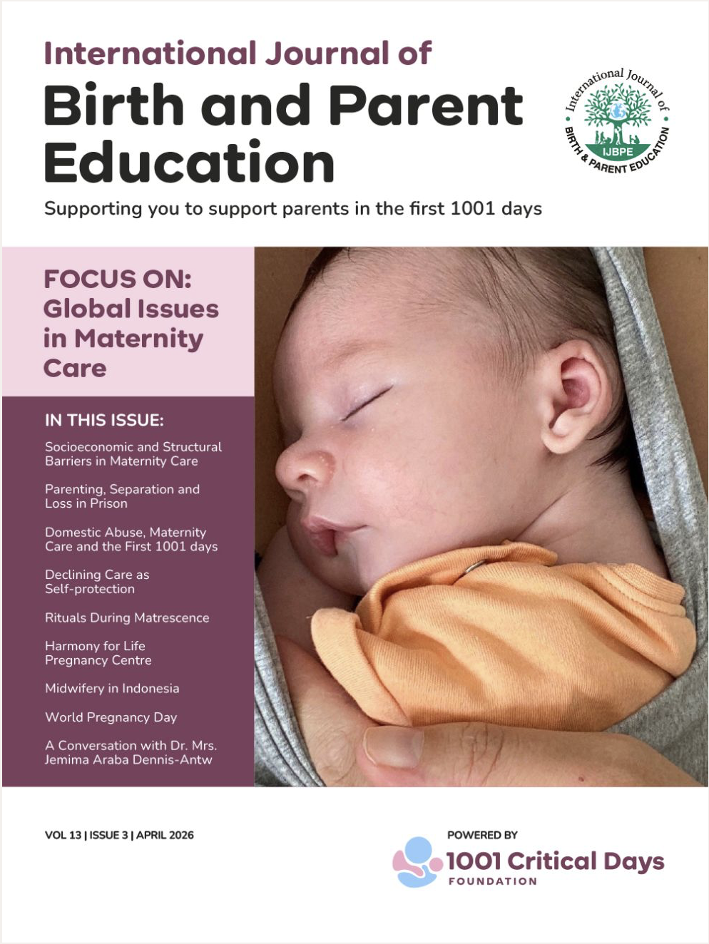Cover page of the International Journal of Birth and Parent Education, October 2024 issue, featuring a man holding a baby, with focus on fostering and adoption.