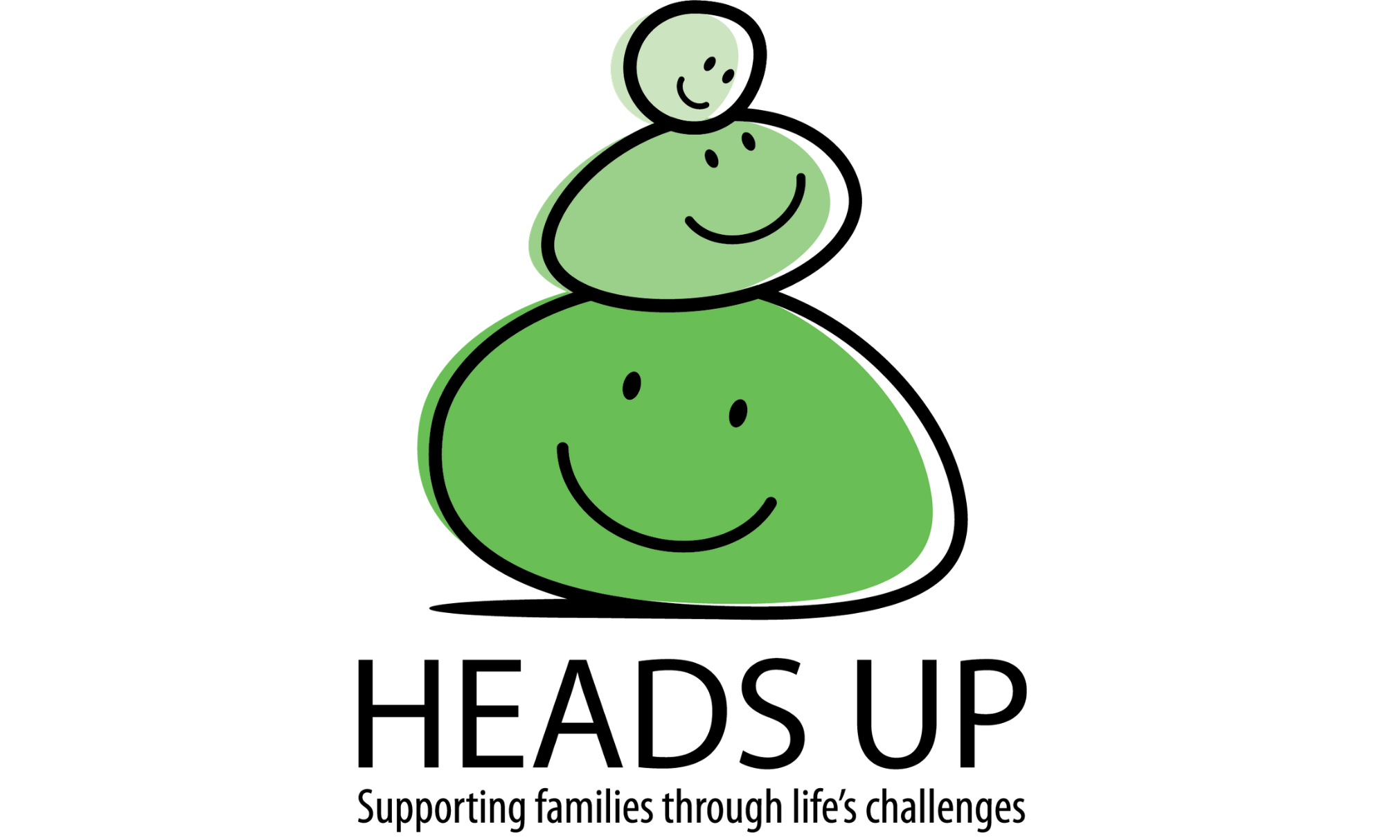 Simple digital drawing of three smiling green rocks stacked vertically on a black background.