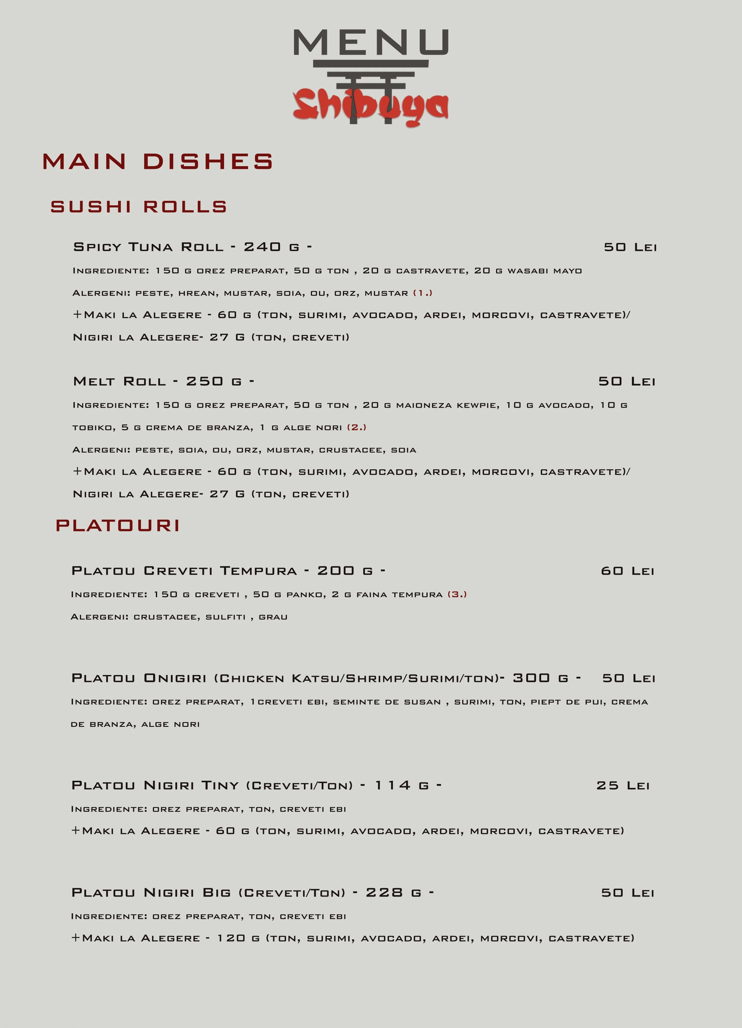 A menu for "Shibuya," featuring sushi rolls and platters. Items include spicy tuna roll, melt roll, tempura shrimp platters, onigiri with chicken katsu/shrimp/surimi/tuna, and nigiri platters. Prices are listed in LEI with details on ingredients and 