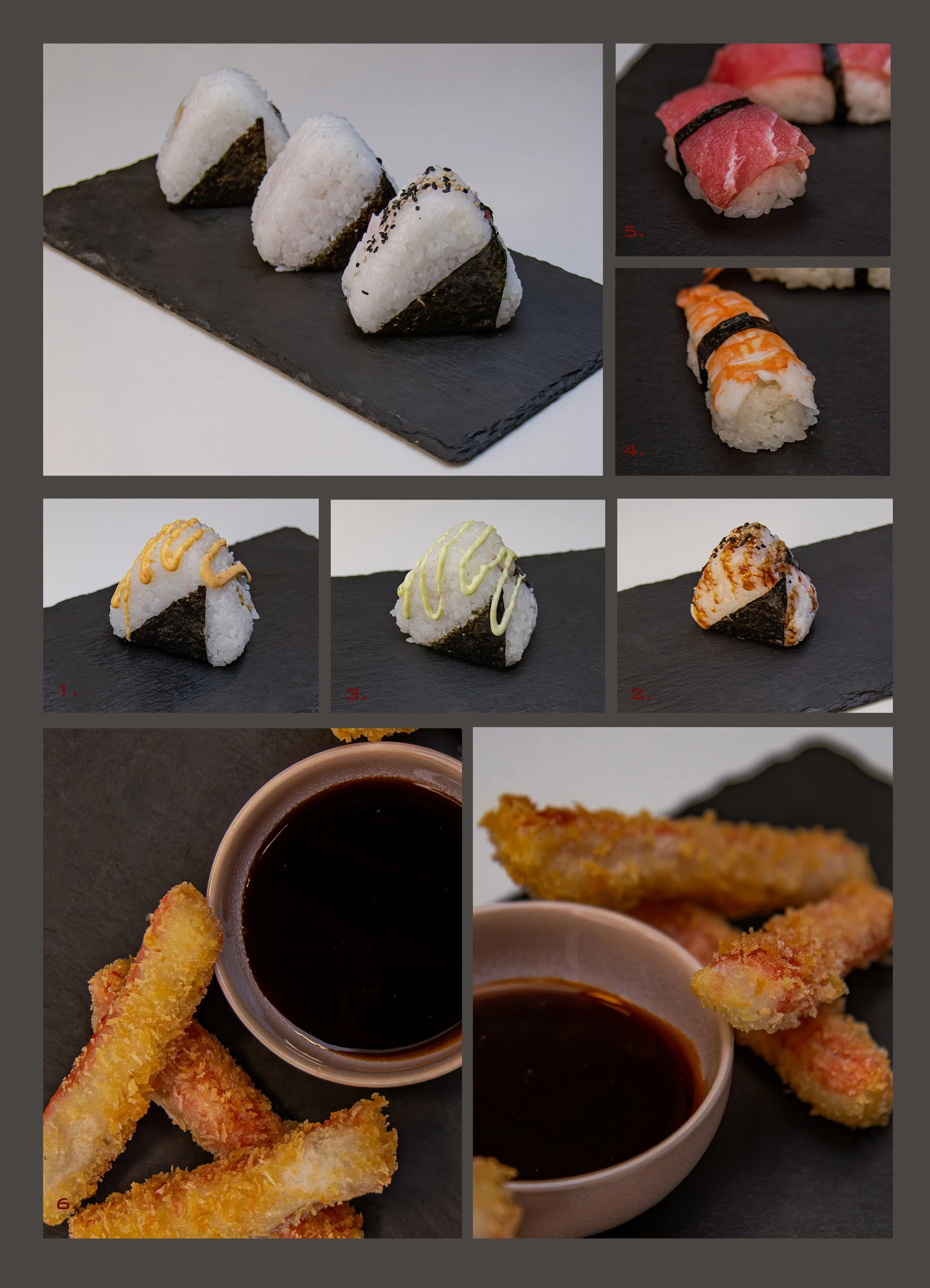 Collage of sushi and fried dishes, including onigiri and nigiri, served on slate plates with sauce bowls.