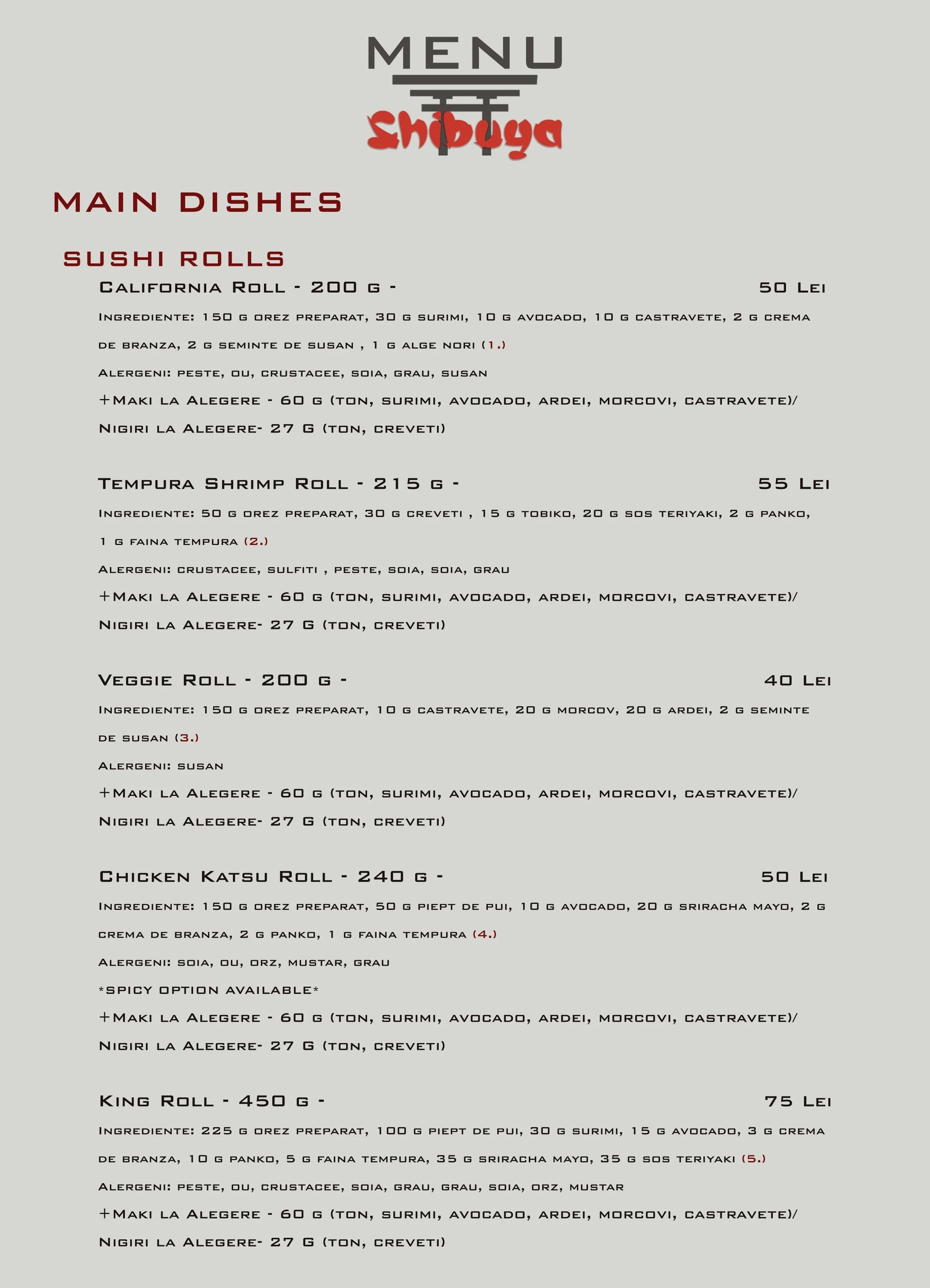 Menu for Shibuya featuring sushi rolls such as California Roll, Tempura Shrimp Roll, Veggie Roll, Chicken Katsu Roll, and King Roll, with ingredients and allergens listed.
