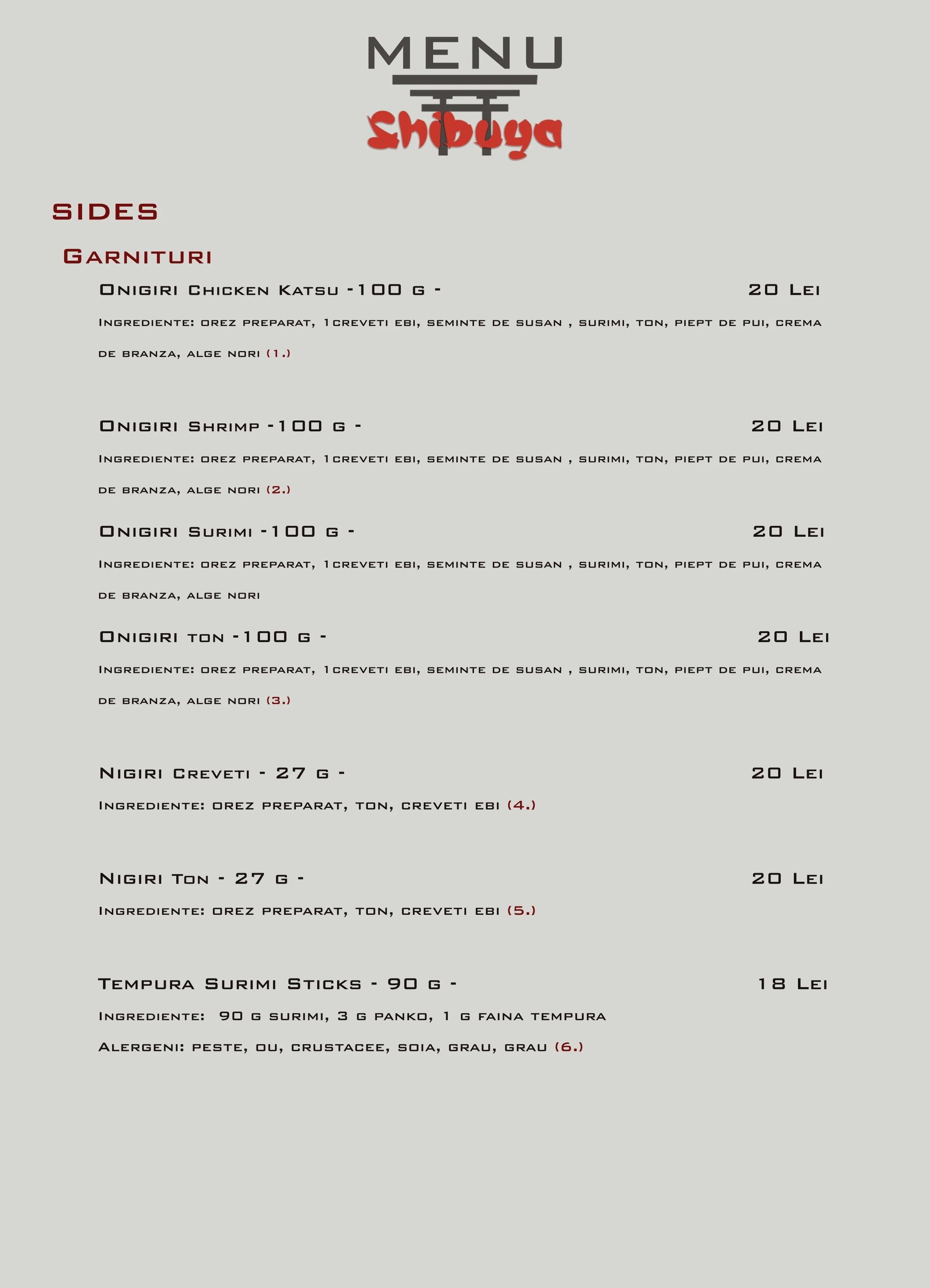 Menu for Shibuya, listing side dishes with names, weights, ingredients, and prices in Lei. Items include Onigiri Chicken Katsu, Onigiri Shrimp, Onigiri Surimi, Onigiri Ton, Nigiri Creveti, Nigiri Ton, and Tempura Surimi Sticks.