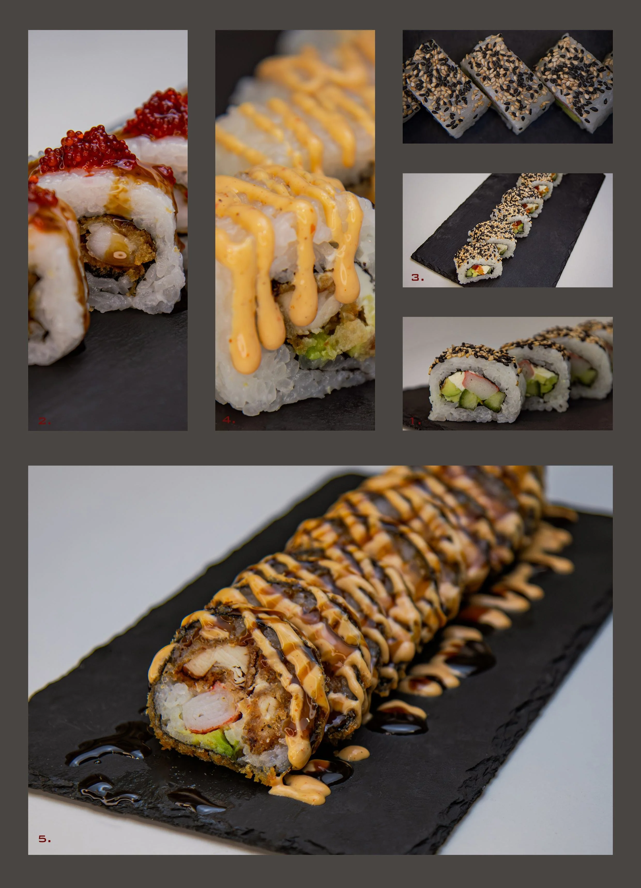 Collage of various sushi rolls with different toppings and sauces, displayed on black platters.