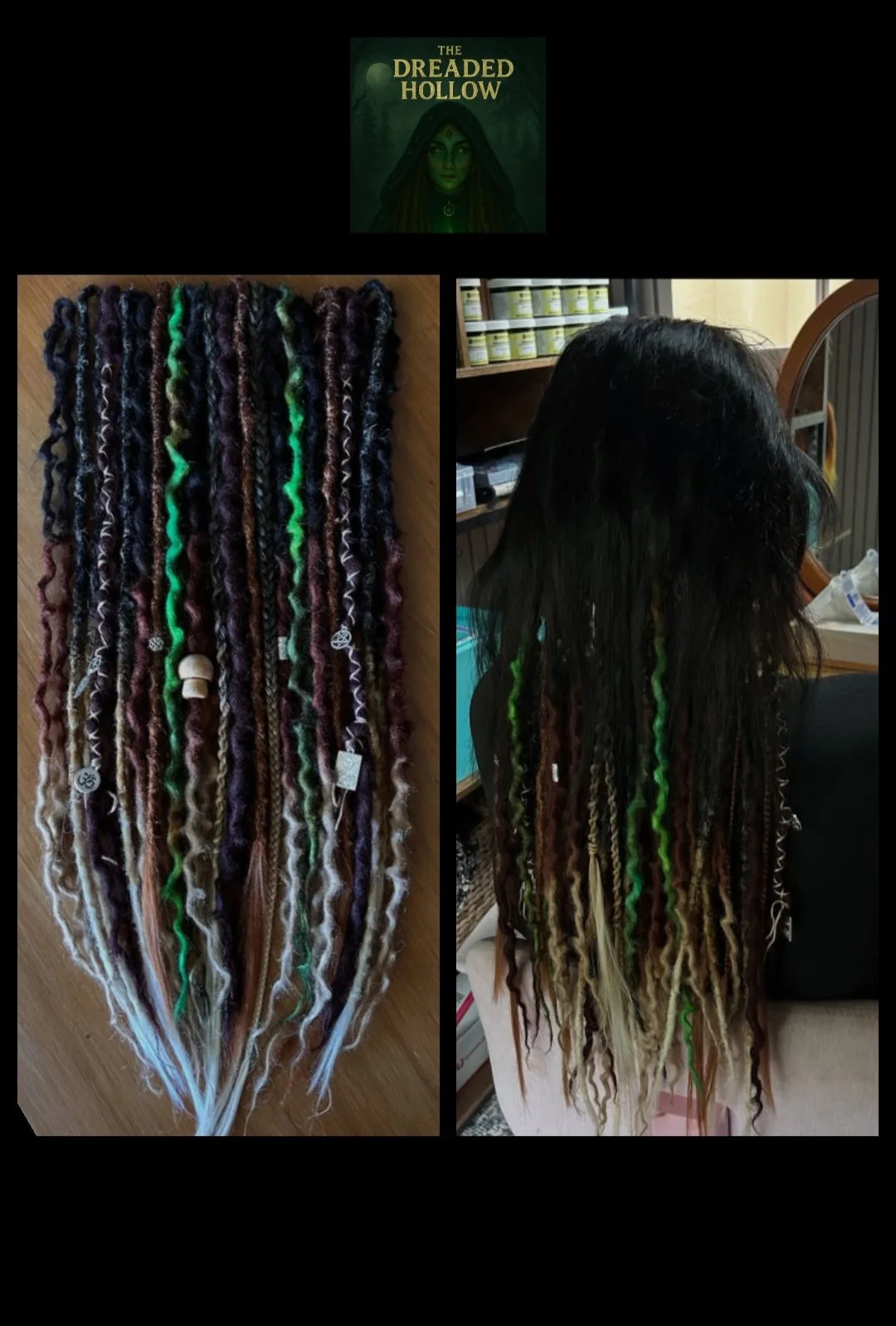 Photo showing hair extensions and a woman with colored dreadlocks in a salon. The extensions are multicolored, including black, brown, green, and white, with some decorative beads and charms. The woman has long, mixed-color dreadlocks styled with some green highlights.