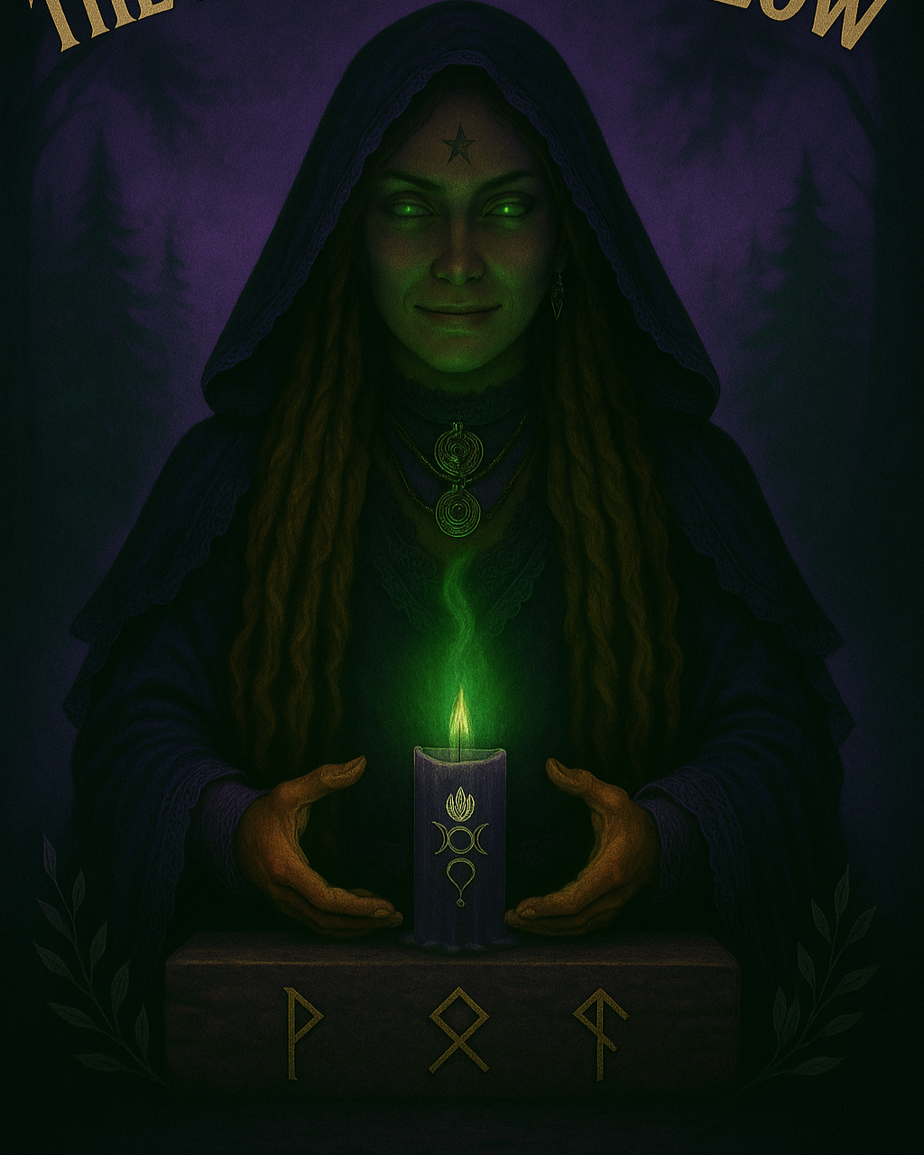 A woman with glowing green eyes and a star on her forehead holds a lit candle with mystical symbols. She wears a dark hooded cloak adorned with intricate jewelry, surrounded by a purple and green aura.