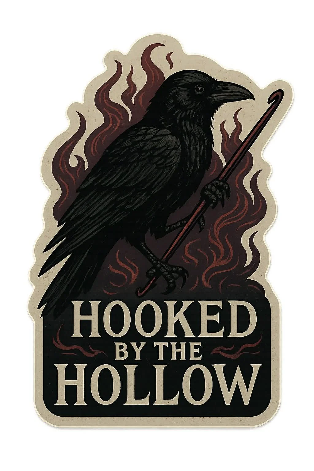 A black crow holding an umbrella, surrounded by red and black smoky flames, with text that reads 'Hooked by the Hollow'.