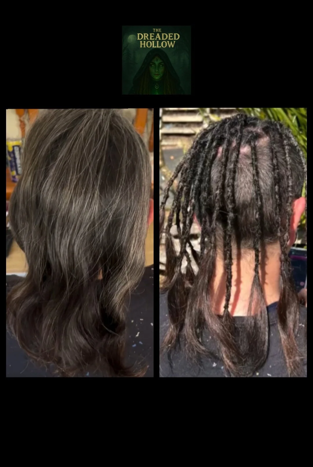 Comparison of two hairstyles: on the left, long, wavy, colored hair; on the right, short, styled dreadlocks, with a workspace background.