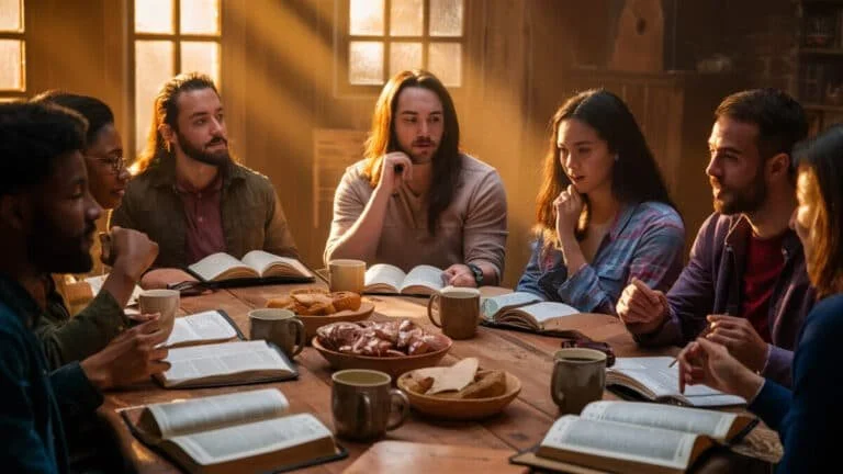 A diverse group of people sitting around a table with books and coffee mugs, engaged in discussion, in a warmly lit room with large windows.