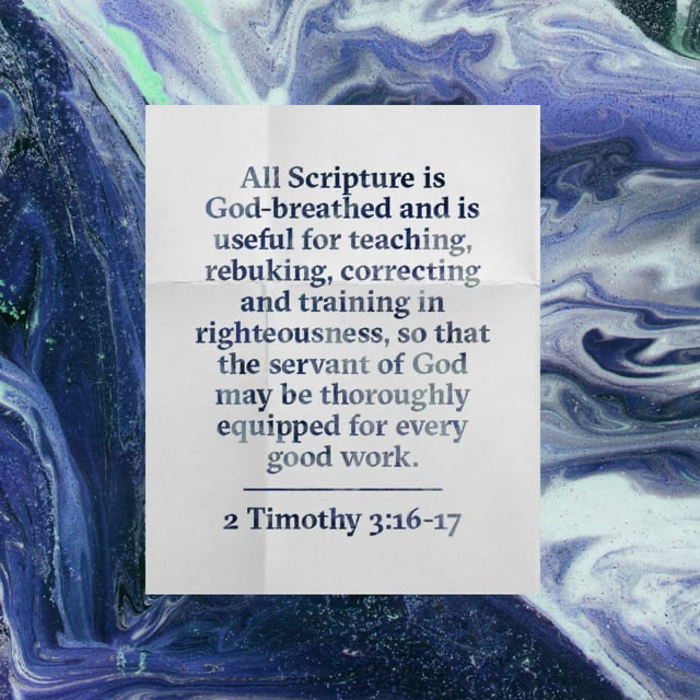 Quote from 2 Timothy 3:16-17 on a marbled background