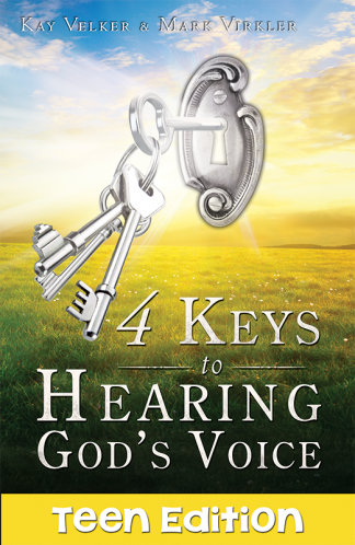 Book cover with keys in a keyhole and title "4 Keys to Hearing God's Voice: Teen Edition," featuring authors Kay Velker and Mark Virkler.
