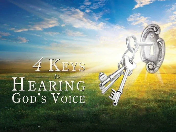A scenic landscape with a bright sky and sunlight, featuring a large keyhole with three keys. Text reads: '4 Keys to Hearing God's Voice.'