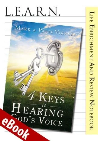 Cover of the eBook '4 Keys to Hearing God's Voice' by Mark and Patti Virkler, featuring keys and a sunset on a field. The title emphasizes "L.E.A.R.N." and "Life Enrichment And Review Notebook."