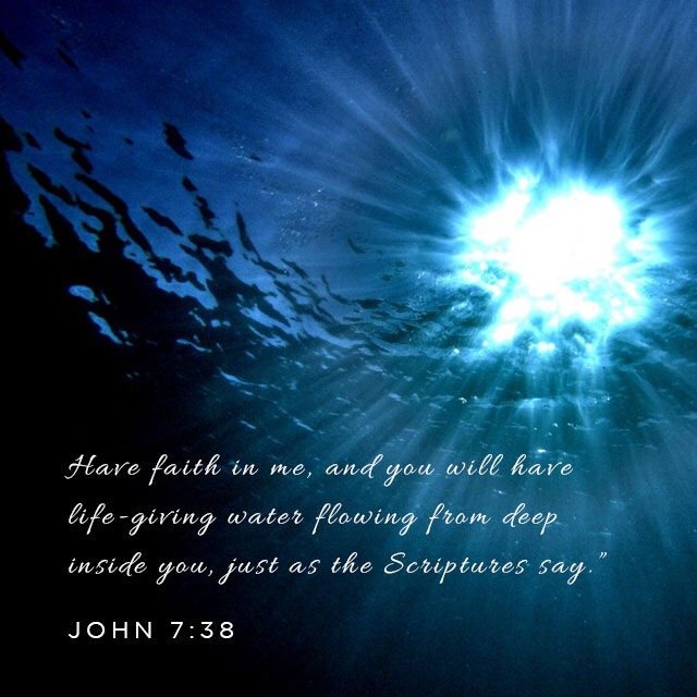 Sunlight shining through water, creating a bright, radiant effect with blue tones. A biblical quote from John 7:38 about faith and water is overlaid on the image.