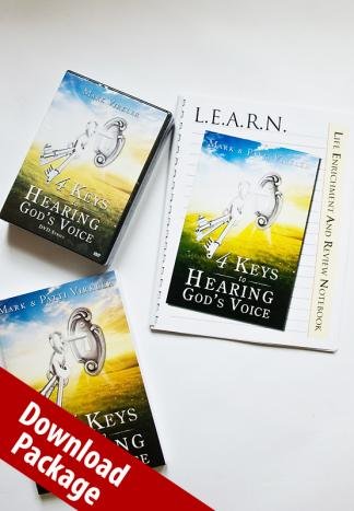 Books titled "4 Keys to Hearing God's Voice" by Mark and Patti Virkler, alongside a "L.E.A.R.N. Devotional and Review Notebook." A red label reads "Download Package."