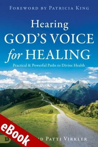 "Hearing God's Voice for Healing" eBook cover with mountain landscape background.
