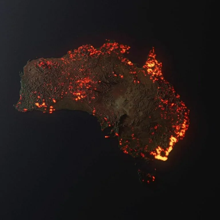 Map of Australia with highlighted red areas indicating wildfires or heat spots.