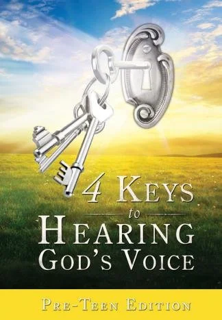 Book cover titled "4 Keys to Hearing God's Voice: Pre-Teen Edition" featuring three keys and a keyhole against a scenic background.