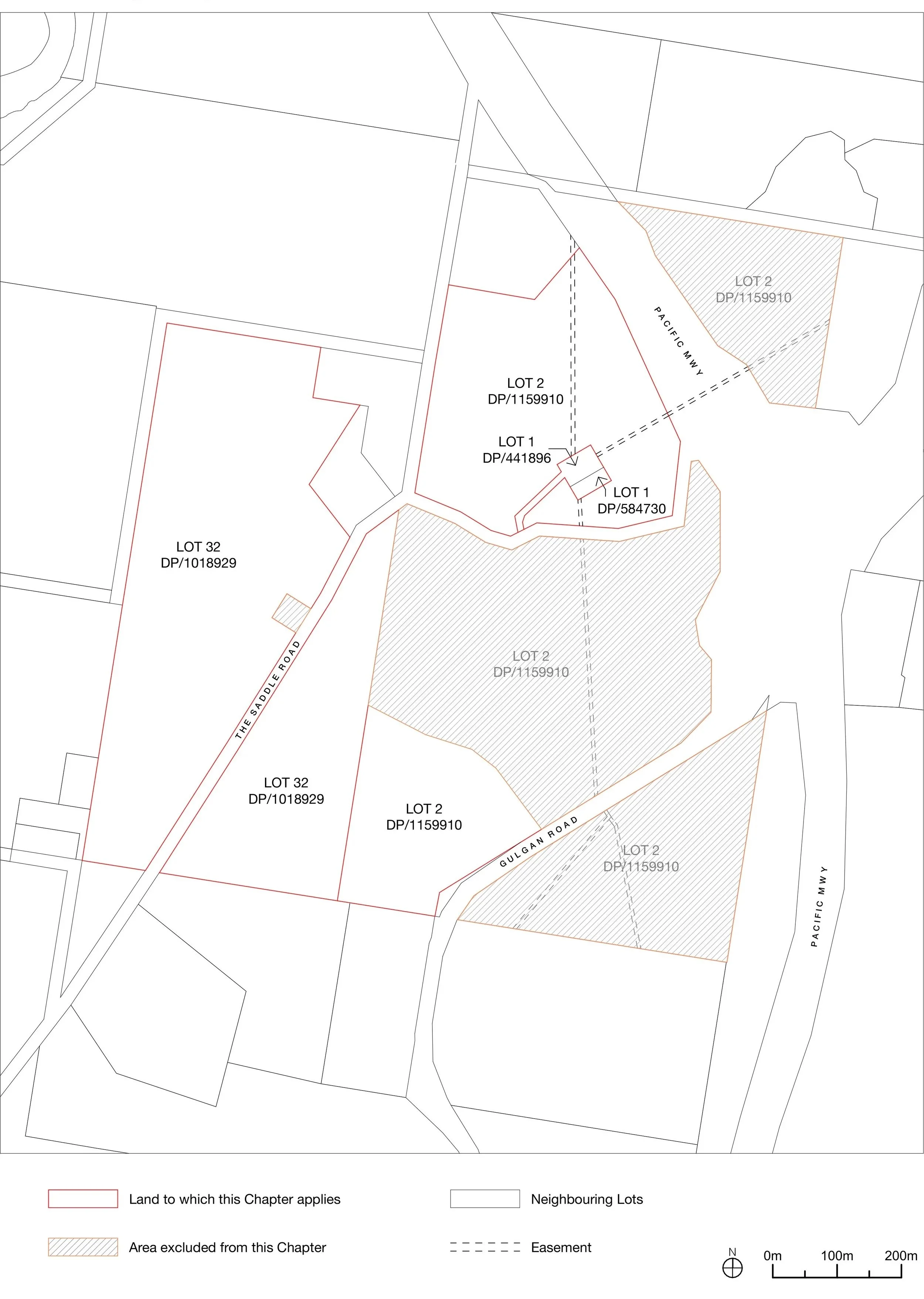 Map of land lots with various boundaries, including lots labeled 1 and 2, and lots numbered 32 with corresponding DP numbers. The map shows roads named 'The Saddle Road' and 'Gulgan Road,' with different areas shaded or outlined, and a legend indicating land to which the chapter applies, neighboring lots, areas excluded from the chapter, and easements.