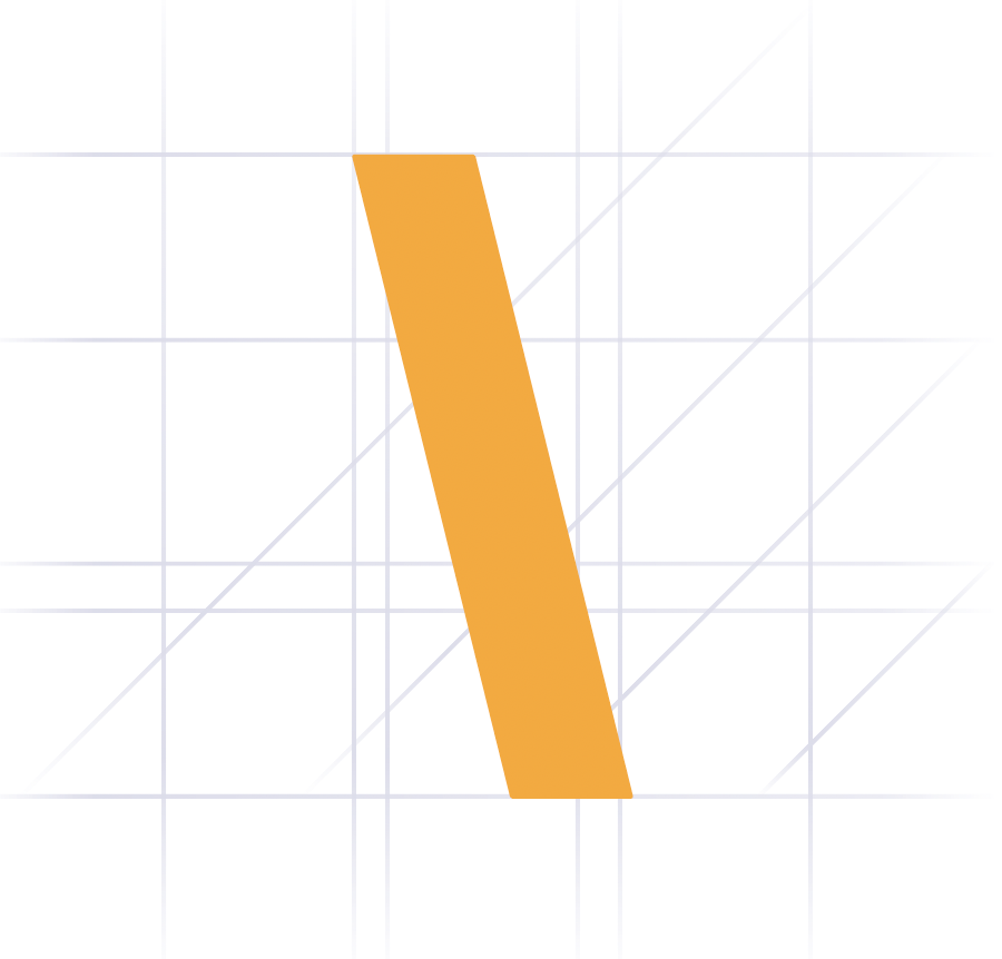 A 3D orange-colored metallic blade tilted diagonally, overlaid on background with a grid and angular lines.