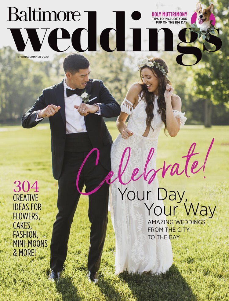 Cover of Baltimore Weddings magazine, Spring/Summer 2020 issue, featuring a bride and groom enjoying a dance outdoors on a sunny day. The bride is wearing a white lace dress and floral crown, and the groom is in a black tuxedo with a bowtie. The magazine highlights wedding ideas, flowers, cakes, fashion, and mini-moons.
