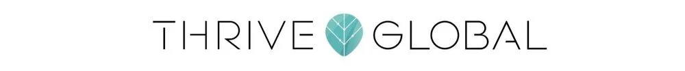 Thrive Global logo with text and teal leaf graphic.