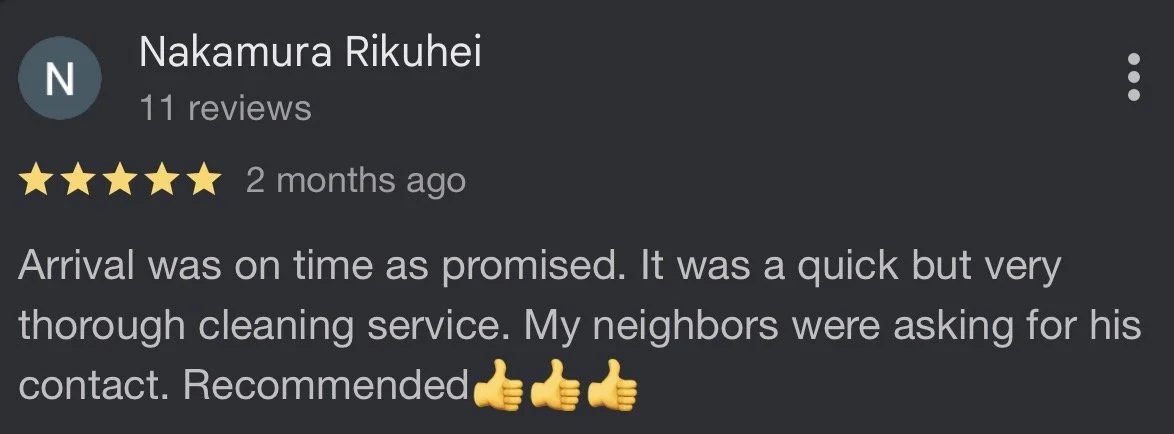 A screenshot of a Google review by Nakamura Rikuhei, who gave five stars, praising a cleaning service for being on time, thorough, and recommended by neighbors, with the comment accompanied by three thumbs-up emojis.