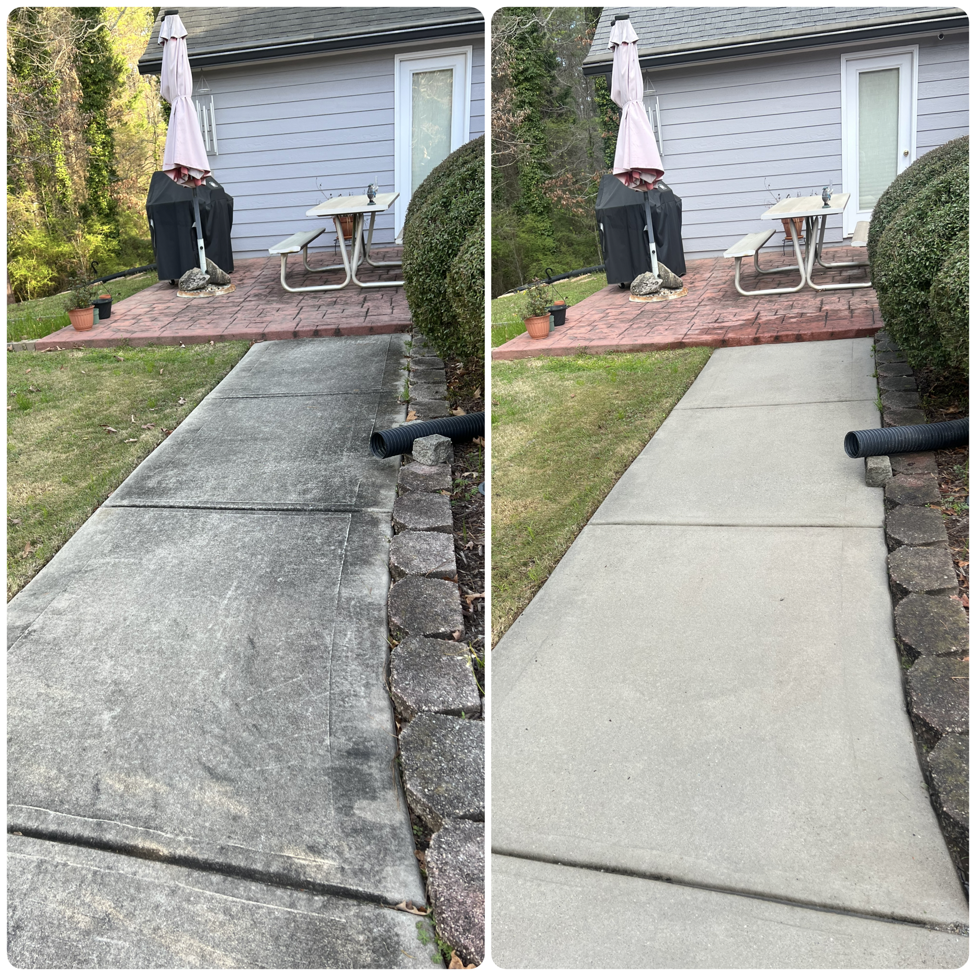before and after of a pressure washed concrete sidewalk. before side is a stained, dirty view. after is clean and bright.