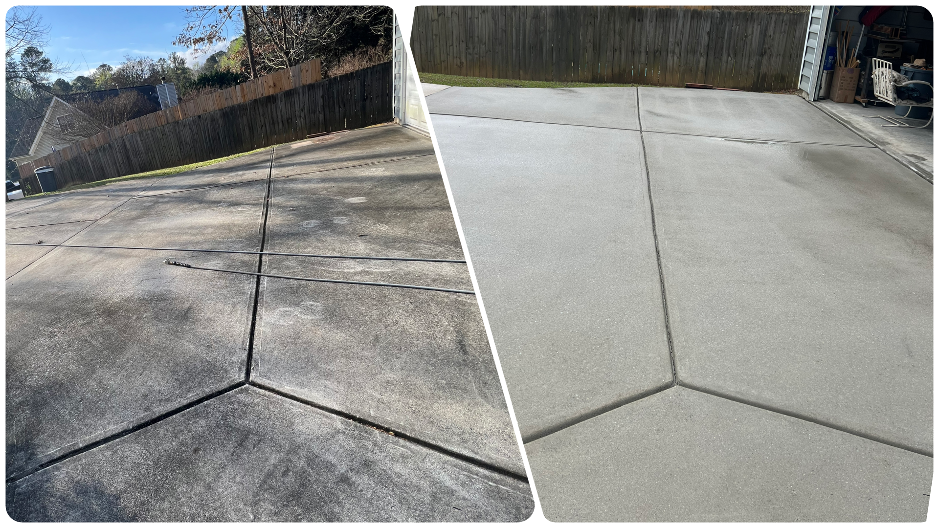 Comparison of a concrete driveway before and after pressure washing; the left side shows a dirty, stained surface, and the right side shows a clean and bright surface.