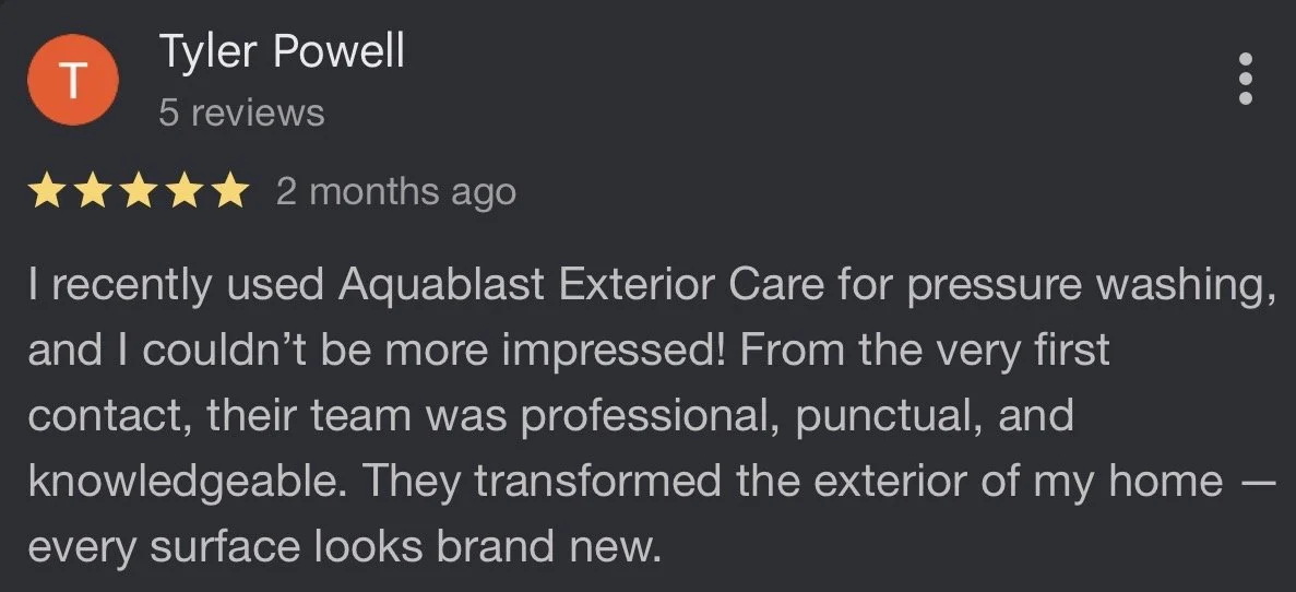 Customer review for Aquablast Exterior Care, stars, 5 reviews, written 2 months ago, praising their professional, punctual, and knowledgeable team, mentioning transformation of home exterior.