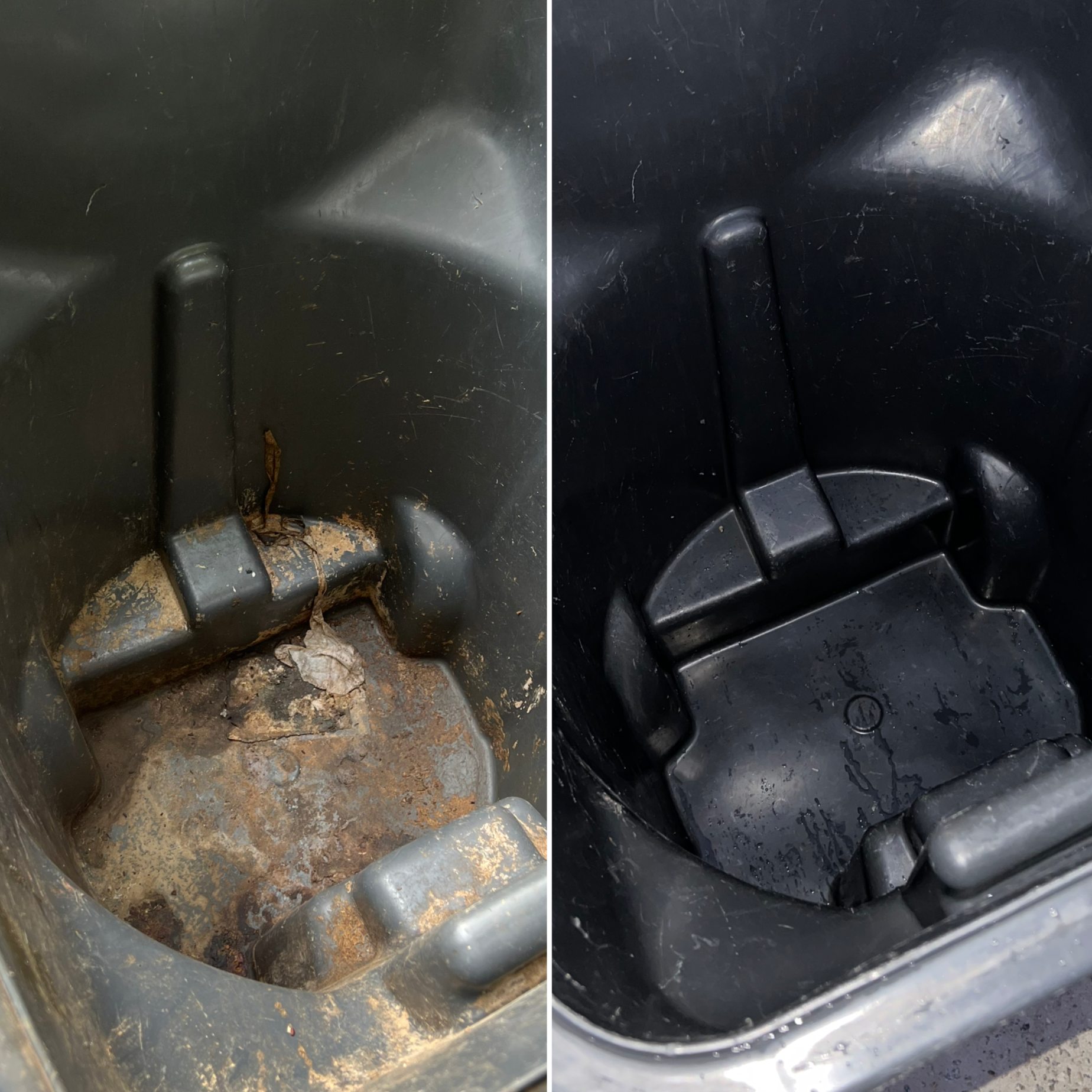 Comparison of two trash cans, before and after cleaning, showing a dirty, rusted interior on the left and a clean, black interior on the right.