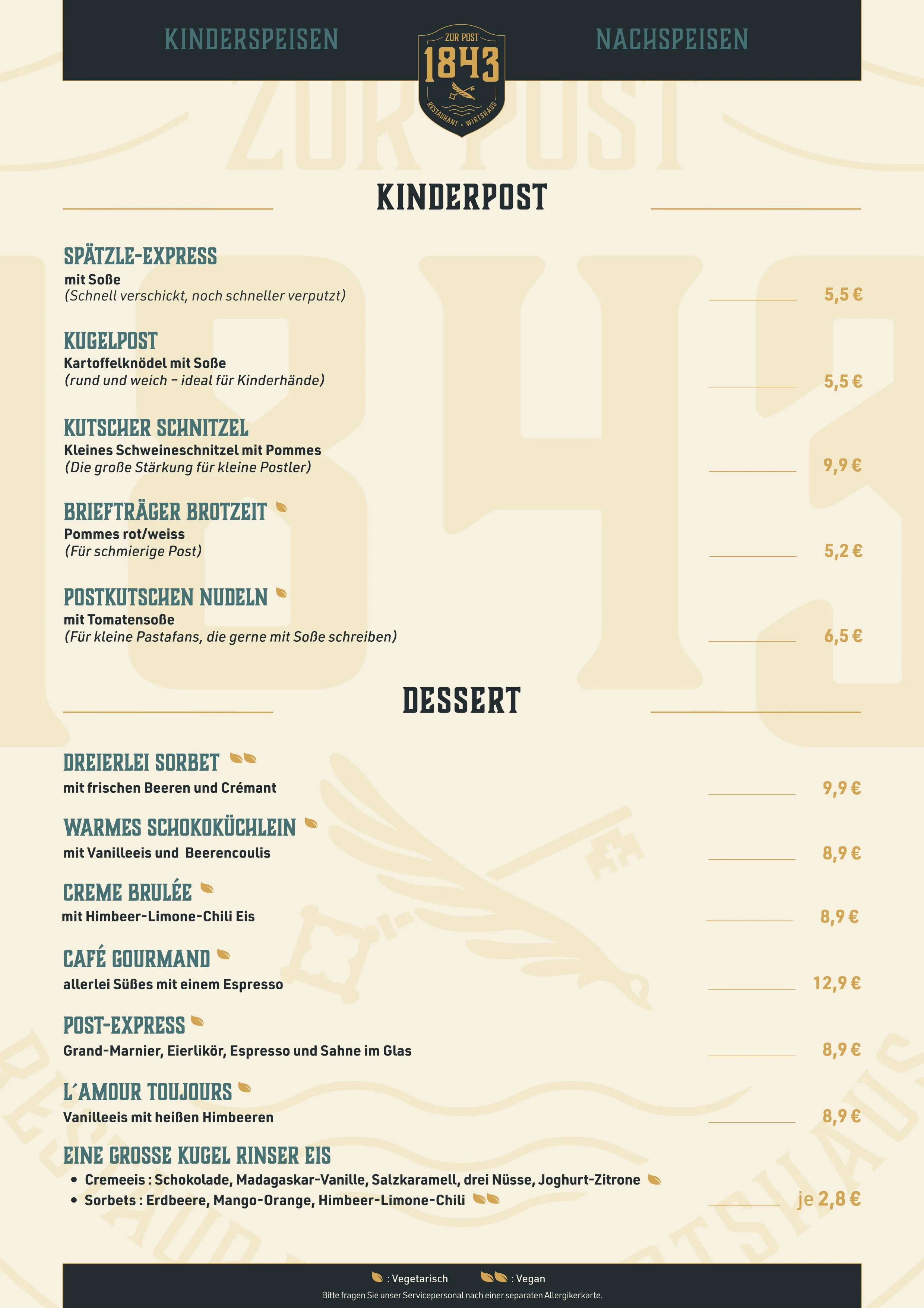 Menükarte mit Kinder- und Nachspeisen, darunter Semmelknödel, Nudeln, Würstl, Schweineschnitzel, Brotzeit, Zitronen-Tarte, Sorbet, warme Schokoküchlein, Creme Brûlée, Kaffee und große Kugel Reis-Eis.