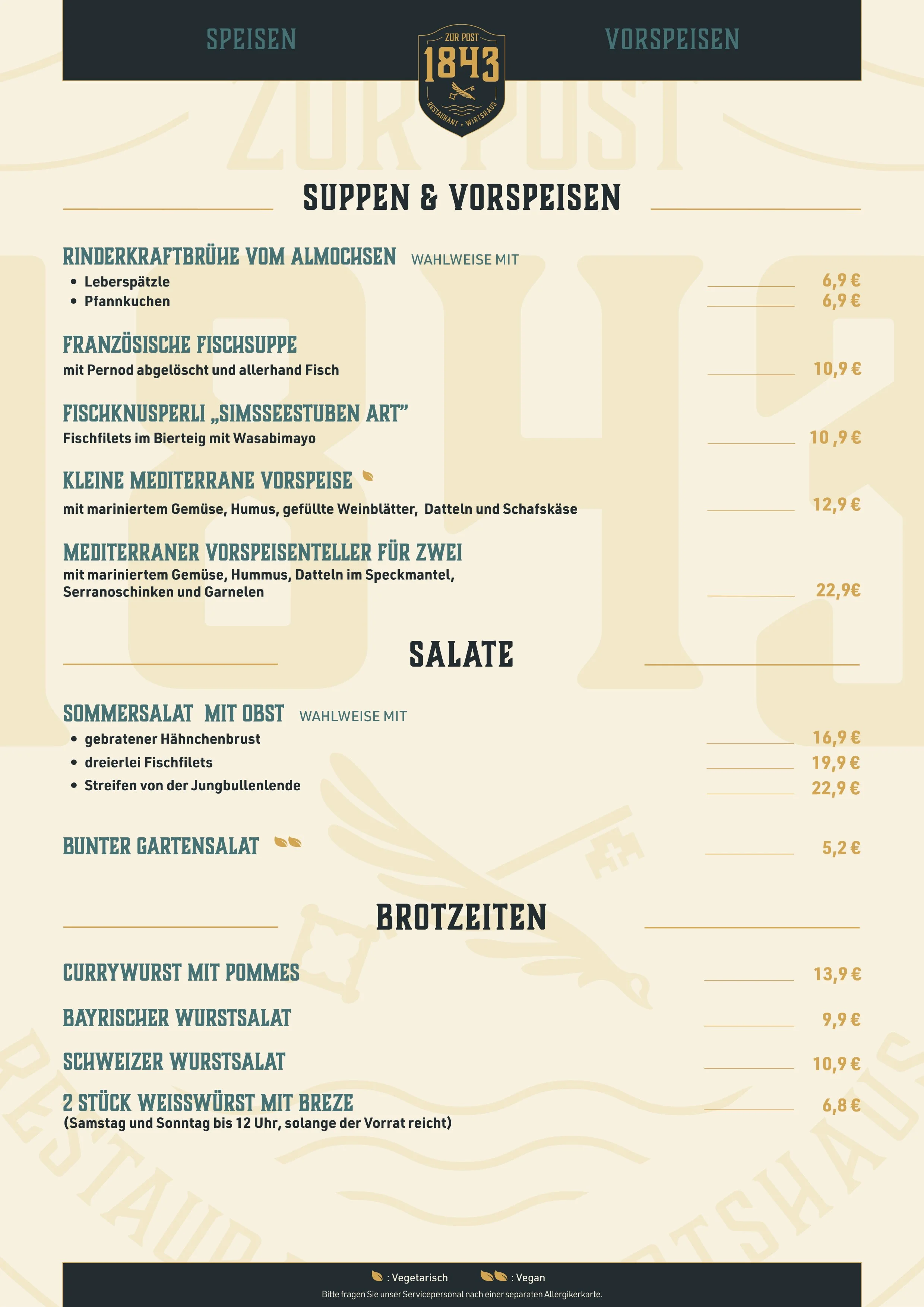 Speisekarte mit Vorspeisen und Salaten in einem Restaurant, übersichtlich mit deutschen Gerichten und Preisen.