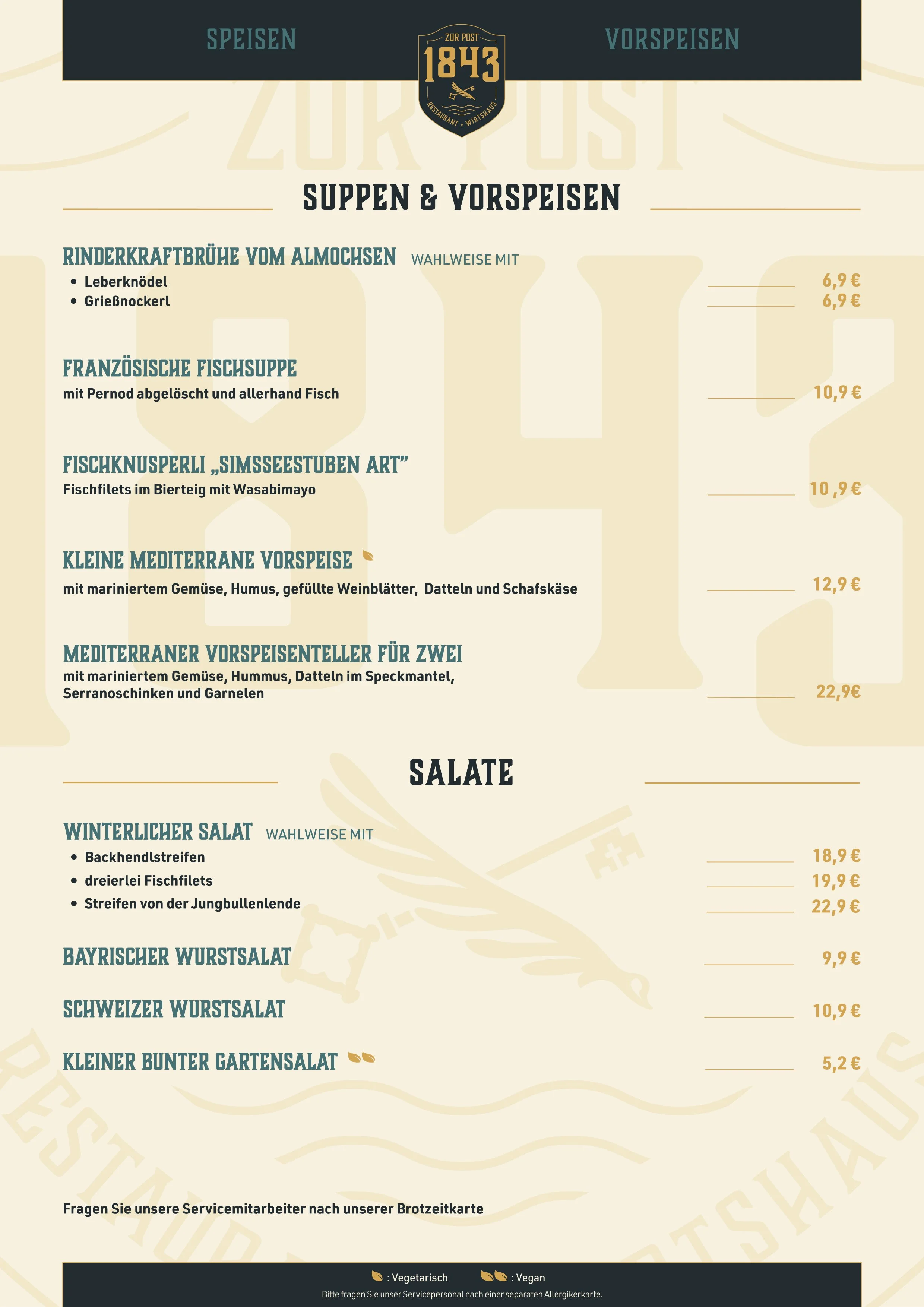 Speisekarte mit Vorspeisen und Salaten in einem Restaurant, übersichtlich mit deutschen Gerichten und Preisen.