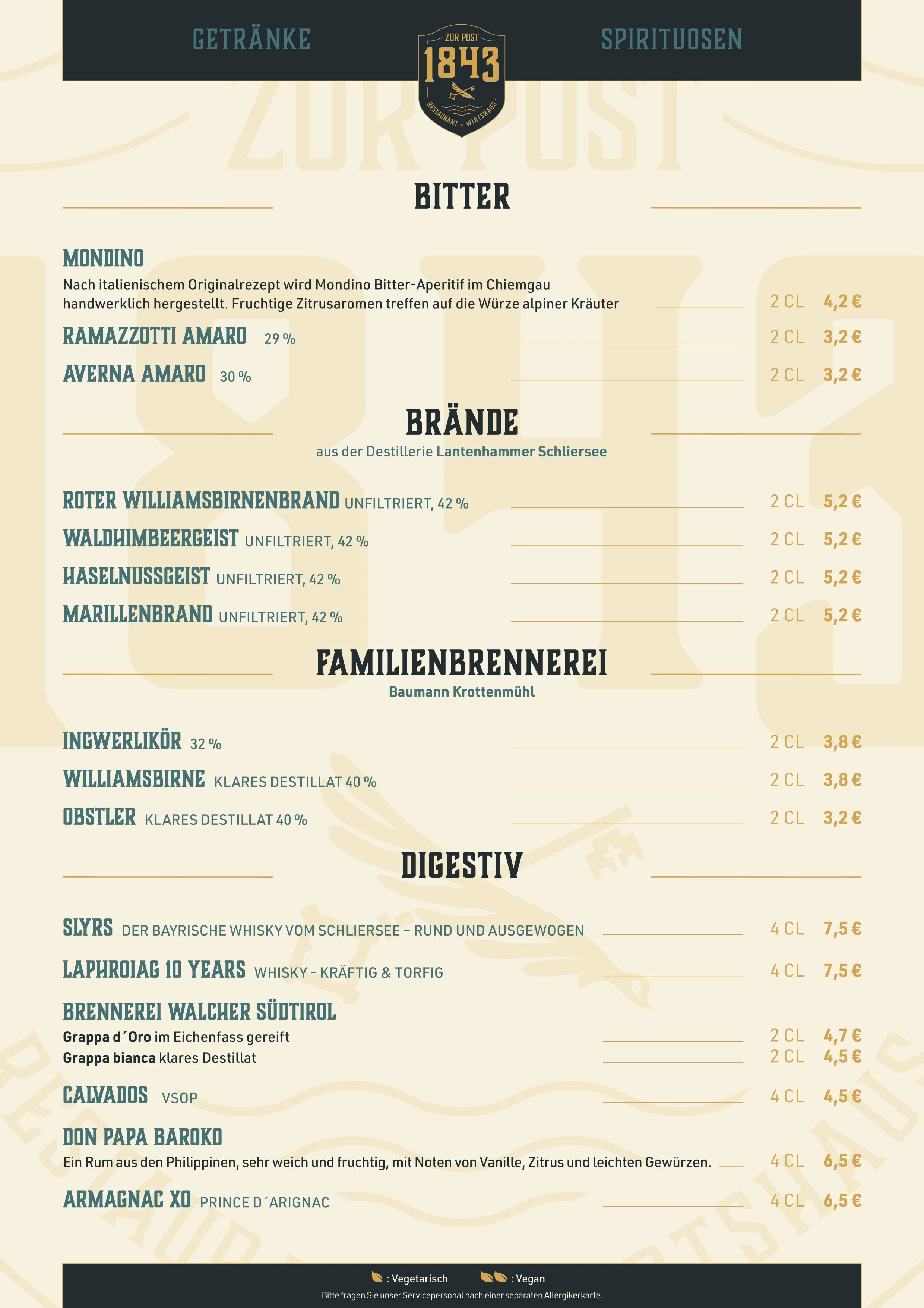 Getränkekarte mit alkoholischen Spirituosen, darunter Bittere, Brände, Familienbrennerei, Digestiv, darunter Whisky, Grappa, Calvados, Rum und Gin, sowie alkoholfreie Getränke, alle mit Preisen in Euro.