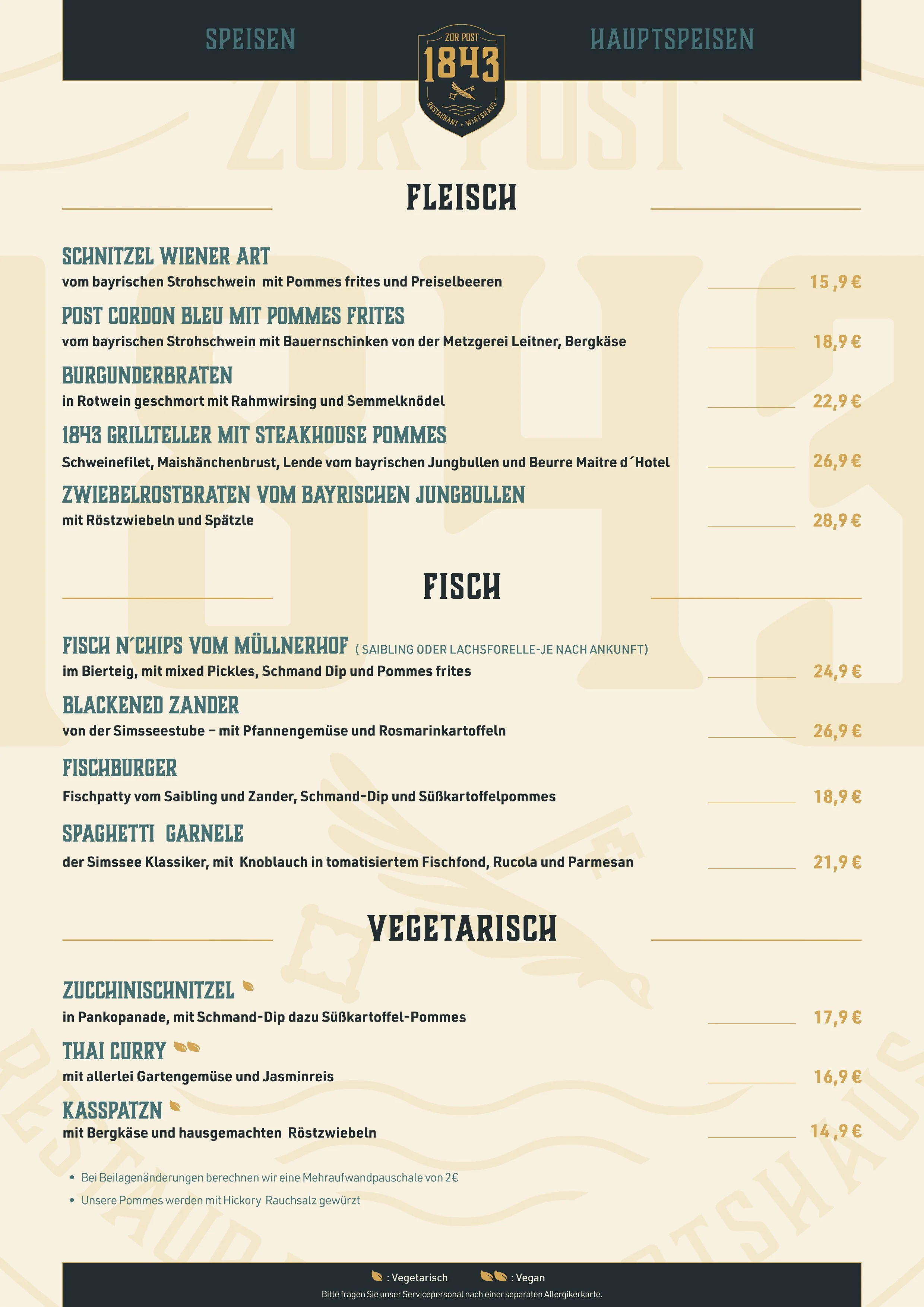 Speisekarte mit verschiedenen Fleisch, Fisch und vegetarischen Gerichten, inklusive Beschreibung und Preisen, in deutscher Sprache.