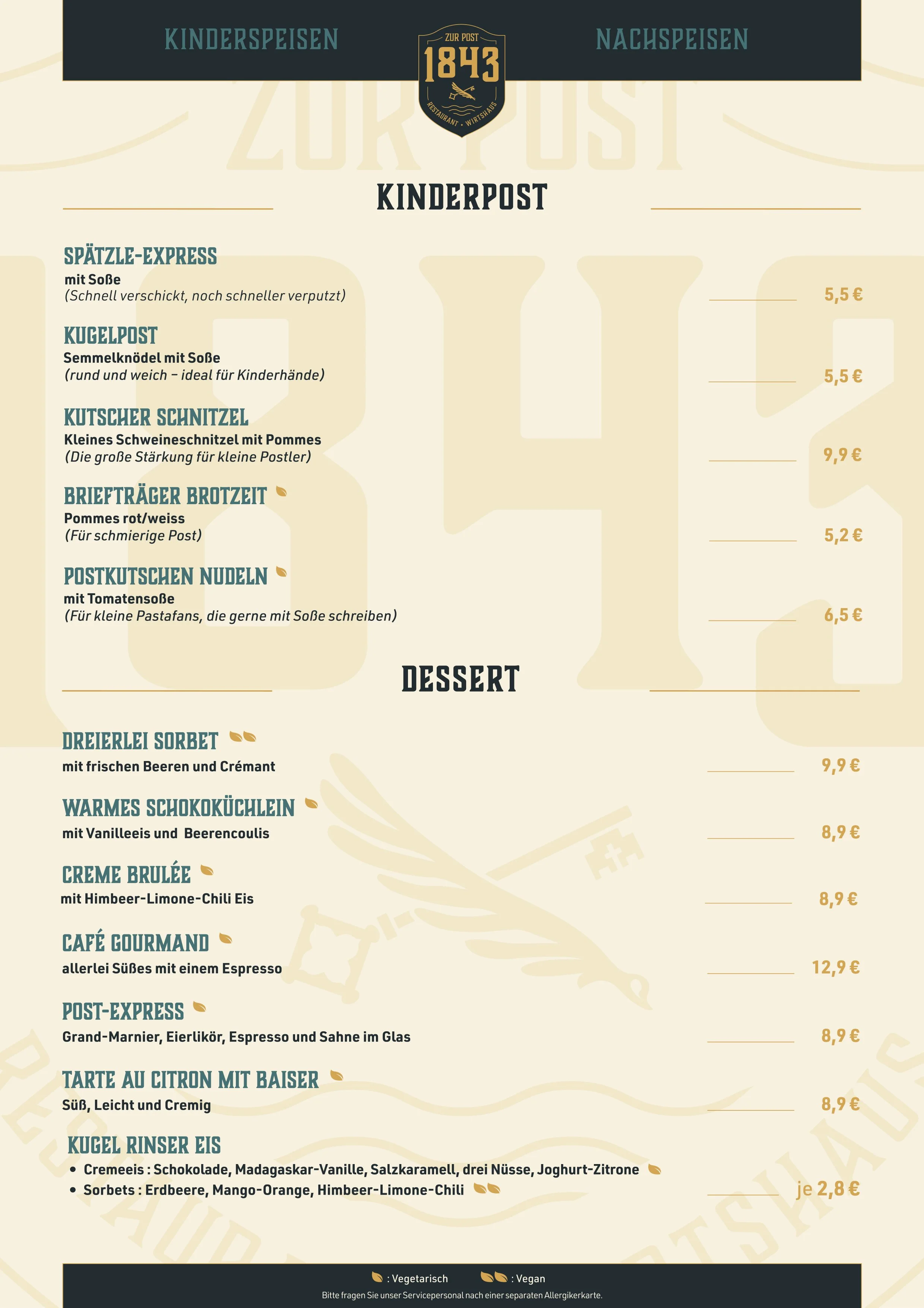 Menükarte mit Kinder- und Nachspeisen, darunter Semmelknödel, Nudeln, Würstl, Schweineschnitzel, Brotzeit, Zitronen-Tarte, Sorbet, warme Schokoküchlein, Creme Brûlée, Kaffee und große Kugel Reis-Eis.