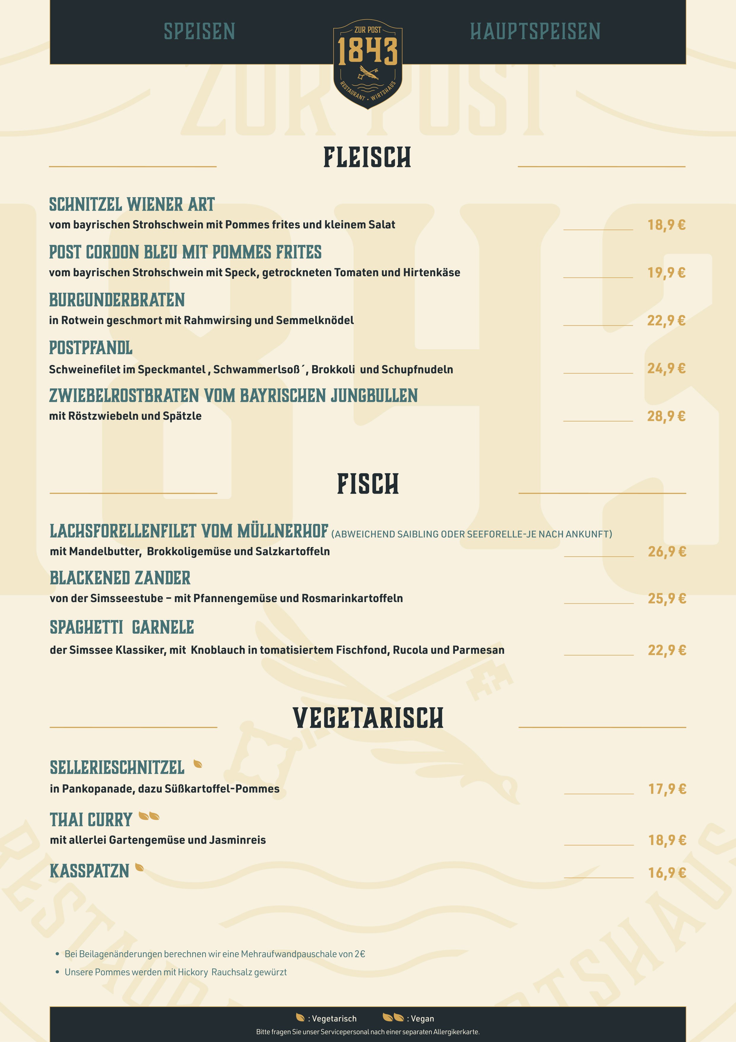 Speisekarte mit verschiedenen Fleisch, Fisch und vegetarischen Gerichten, inklusive Beschreibung und Preisen, in deutscher Sprache.