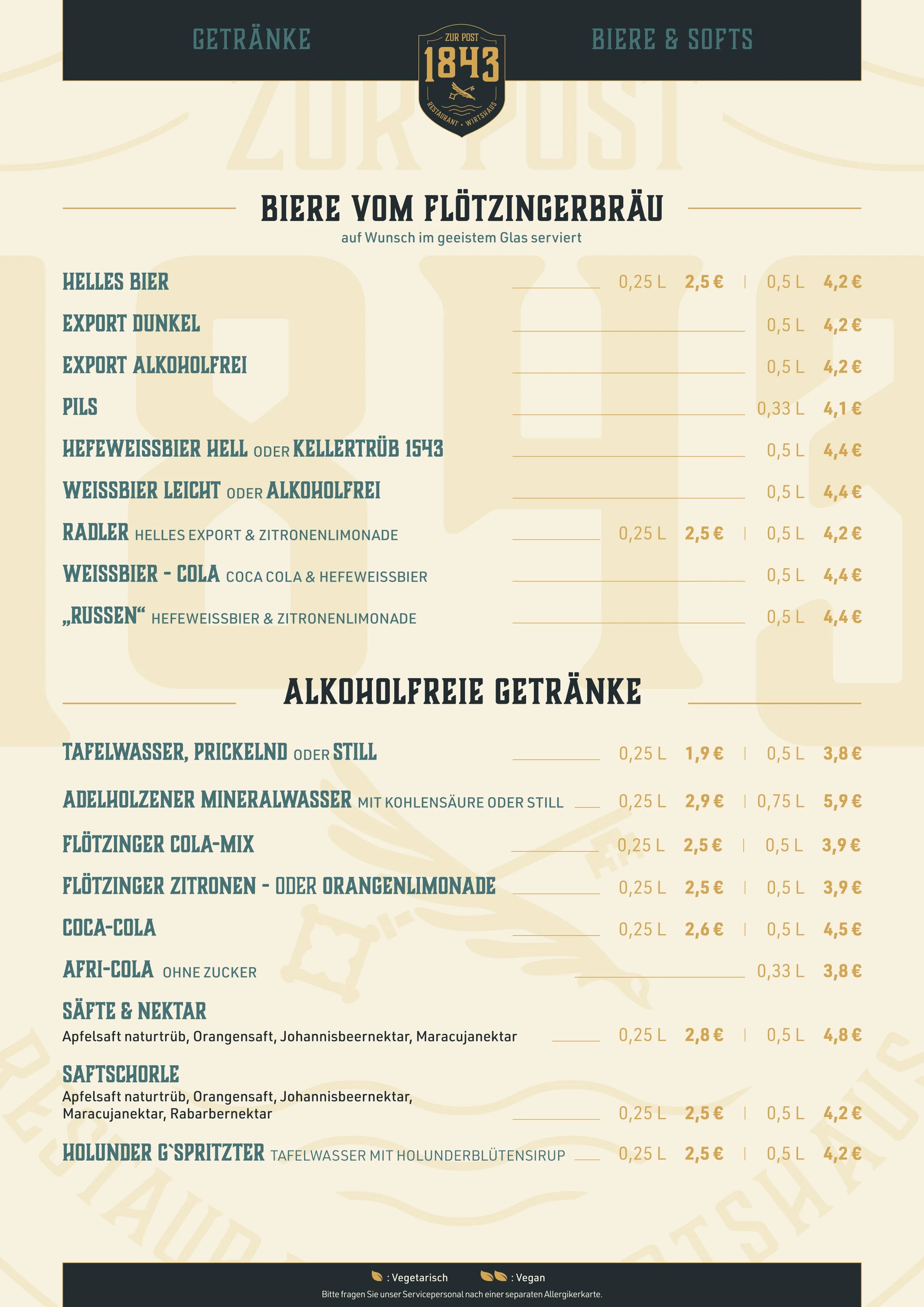 Getränkekarte mit verschiedenen Bier- und alkoholfreien Getränken, wie helles Bier, Export Dunkel, Pils, Cola, Saft und Mineralwasser, sowie spezielle Getränke aus Flötzinger Brauerei.