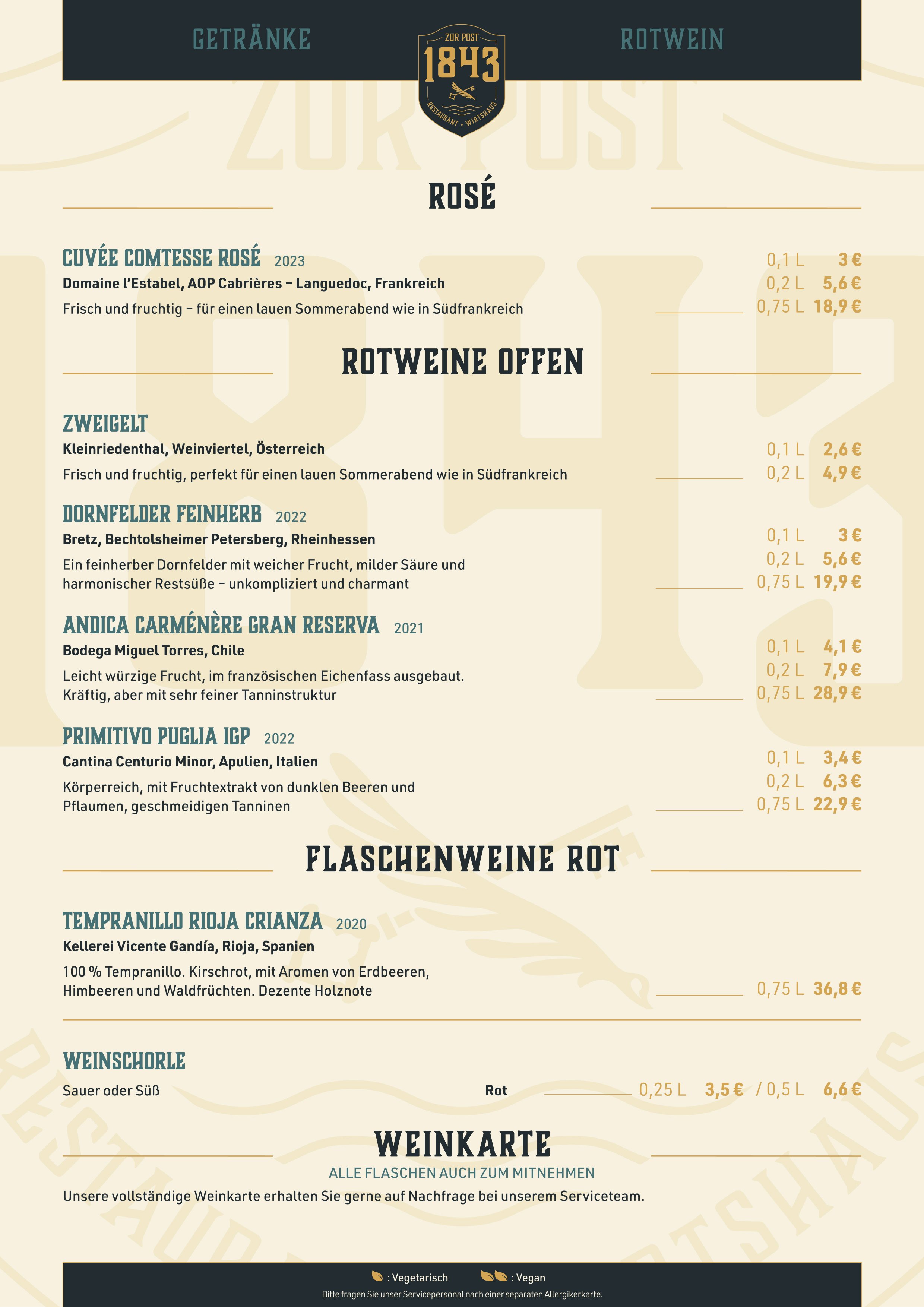 Menü mit Getränken, Weinen und Preisen, hauptsächlich Rosé und Rotwein, in deutscher Sprache.
