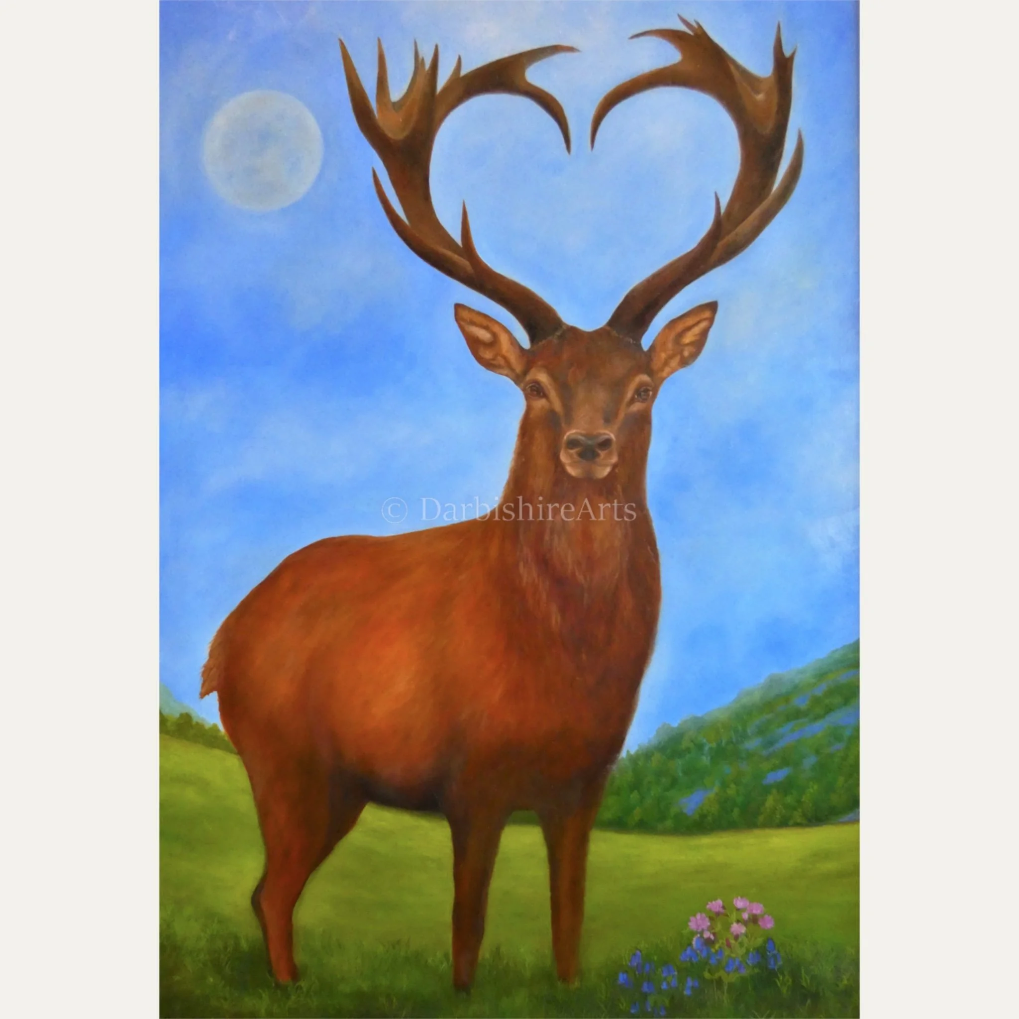 A painting of a majestic brown elk with large antlers in a green field under a bright blue sky with a full moon.