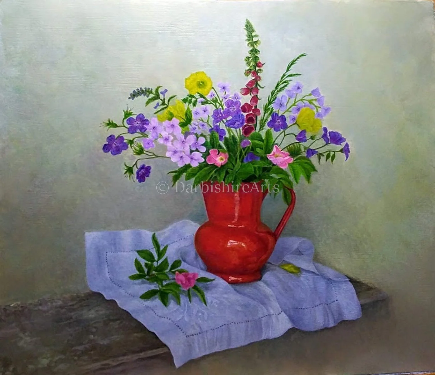 Painting of a bouquet of colorful flowers in a red pitcher on a white cloth, on a wooden surface, with a plain background.