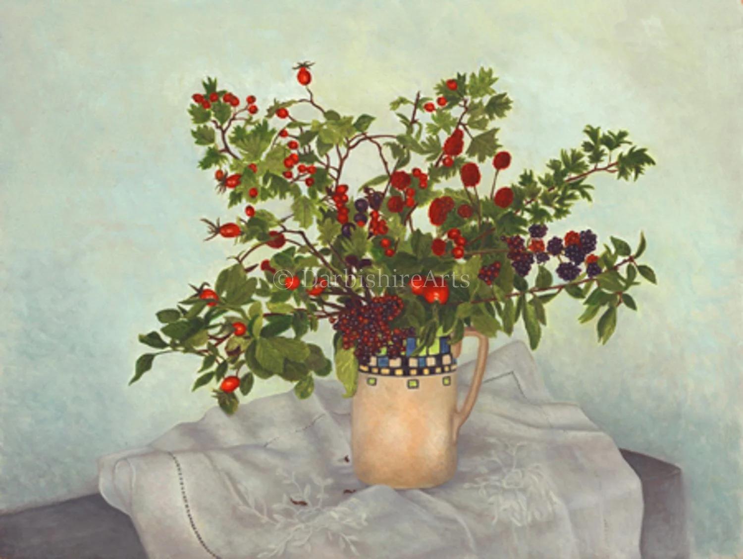 A painting of a ceramic pitcher filled with various branches of ripe berries, including red, black, and purple berries, placed on a draped white cloth against a soft background.