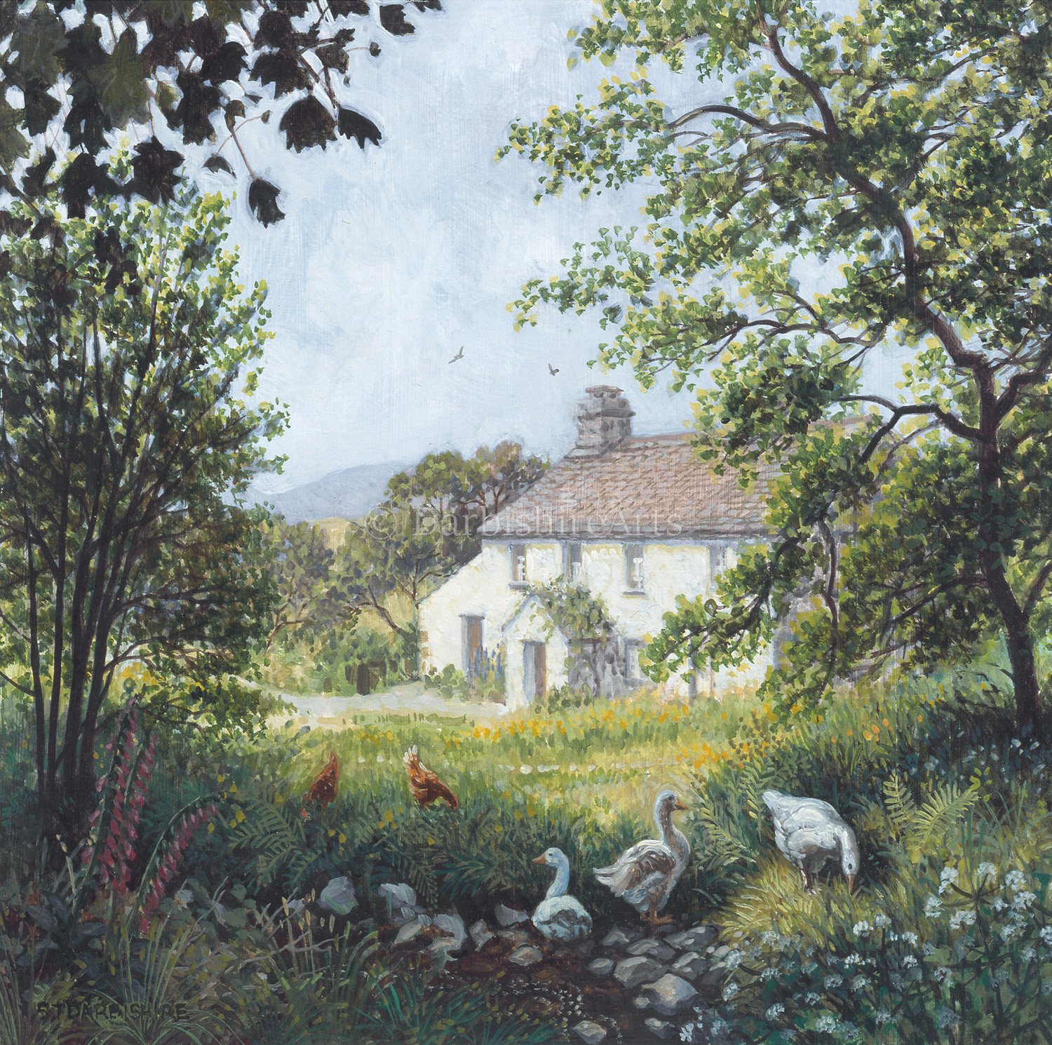 A rural landscape with a white house surrounded by trees, a grassy field, and a stream with swans and chickens. Mountains in the background under a blue sky.