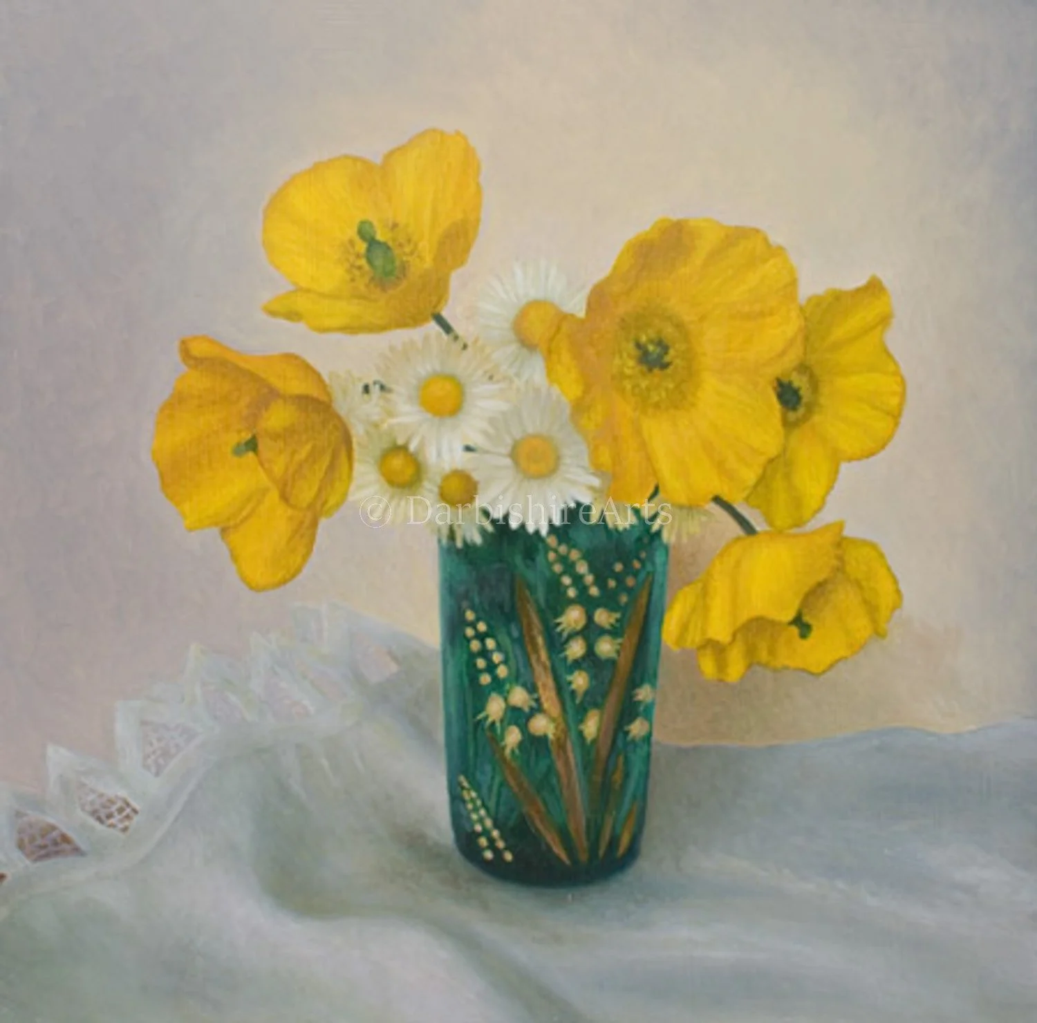 Painting of yellow and white flowers in a decorative blue vase on a white surface.