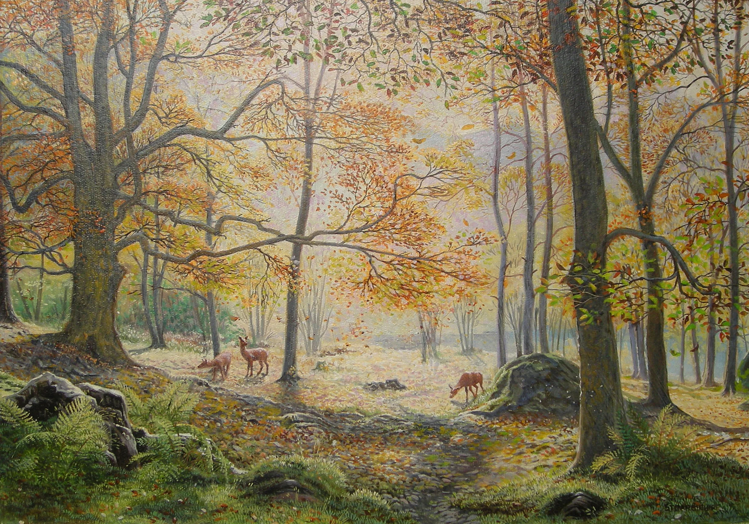 Autumn forest scene with large trees, fallen leaves, and deer grazing in the background.