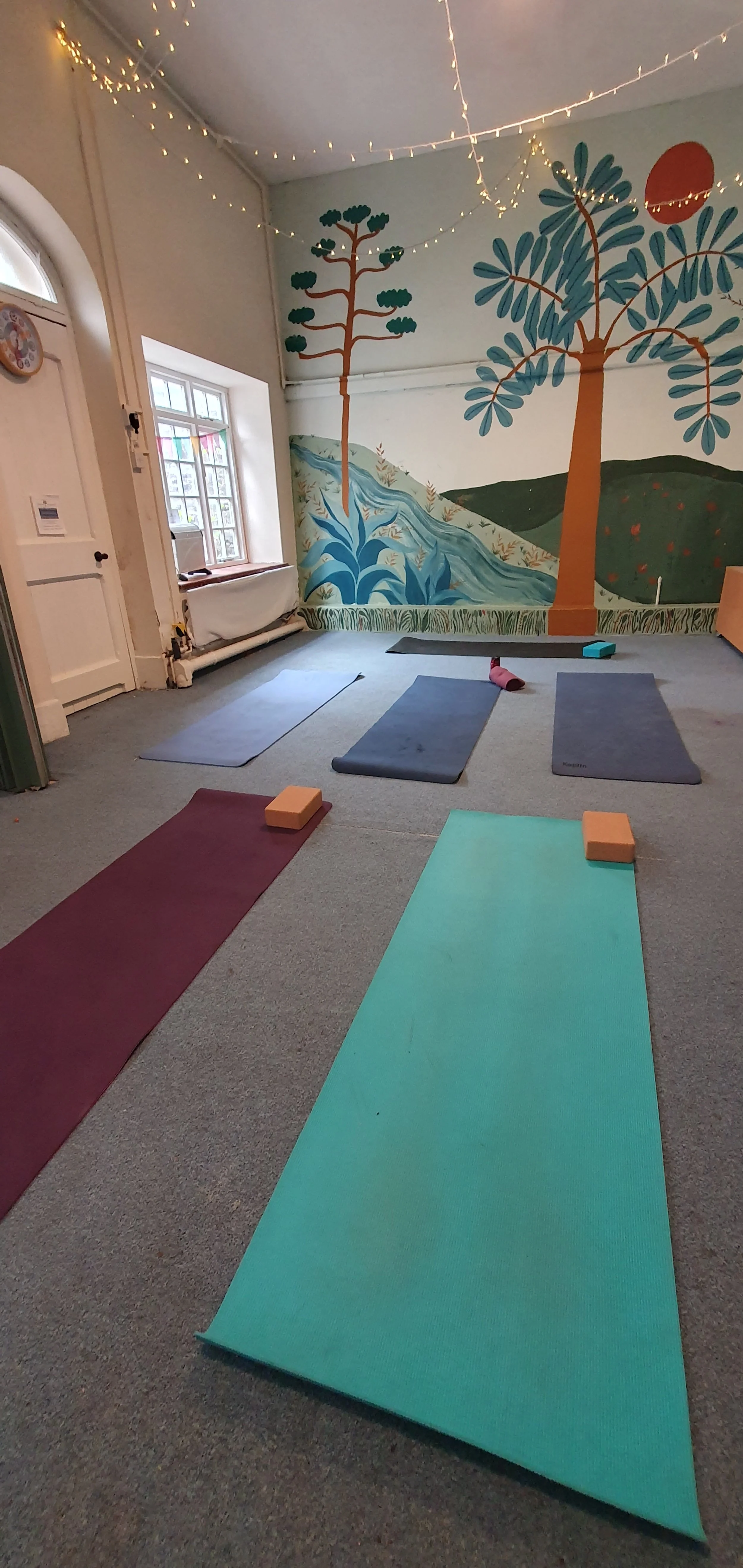 Yoga mats and blocks arranged on carpeted floor in a room with a mural of trees and a river, string lights on ceiling, and a window bringing in natural light.