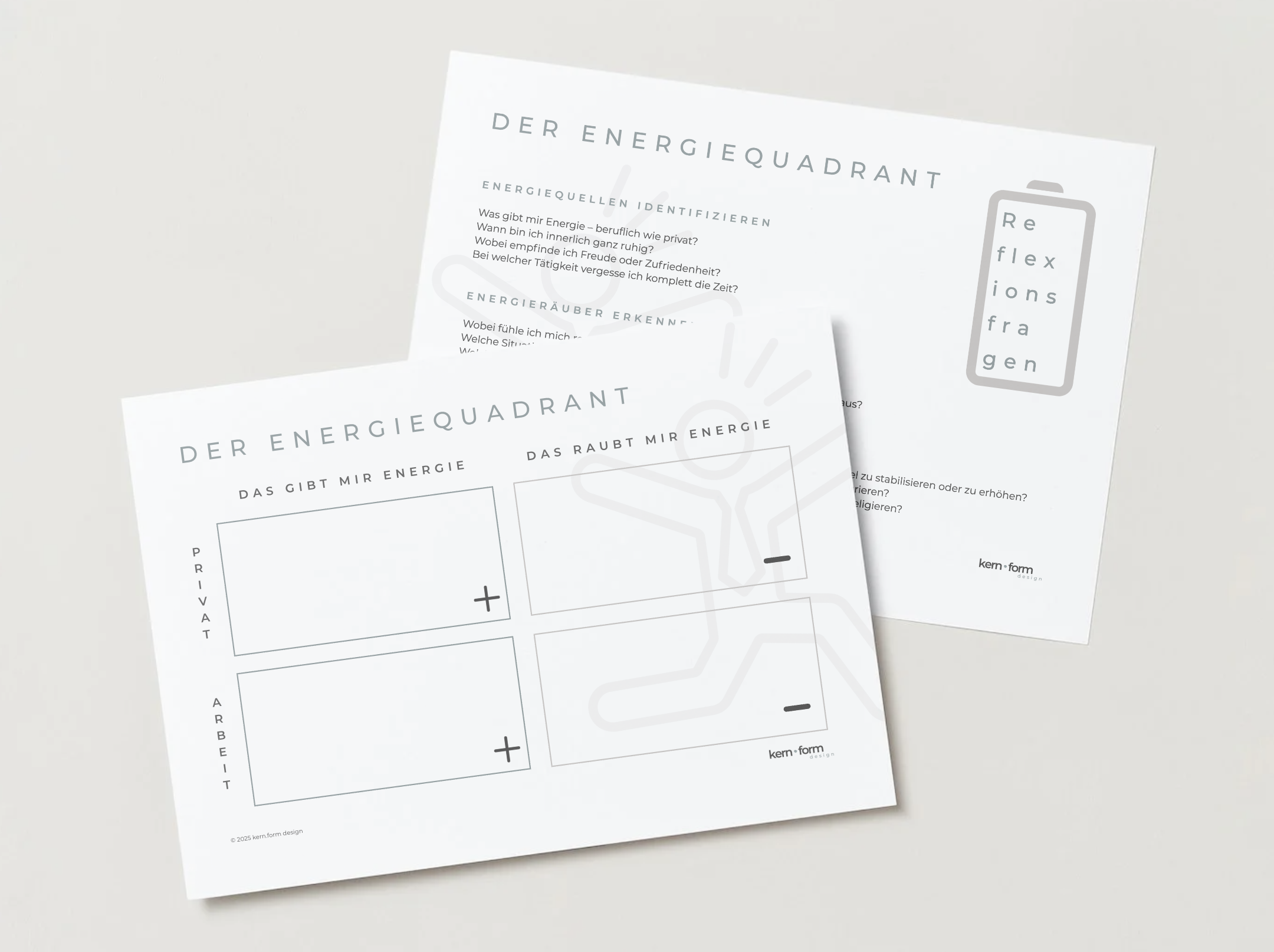 Arbeitsblatt mit Überschrift 'Der Energiequadrat', Diagrammen und Text in deutscher Sprache, mit Fragen zu Energiequellen und Energieträgern, auf hellem Hintergrund.